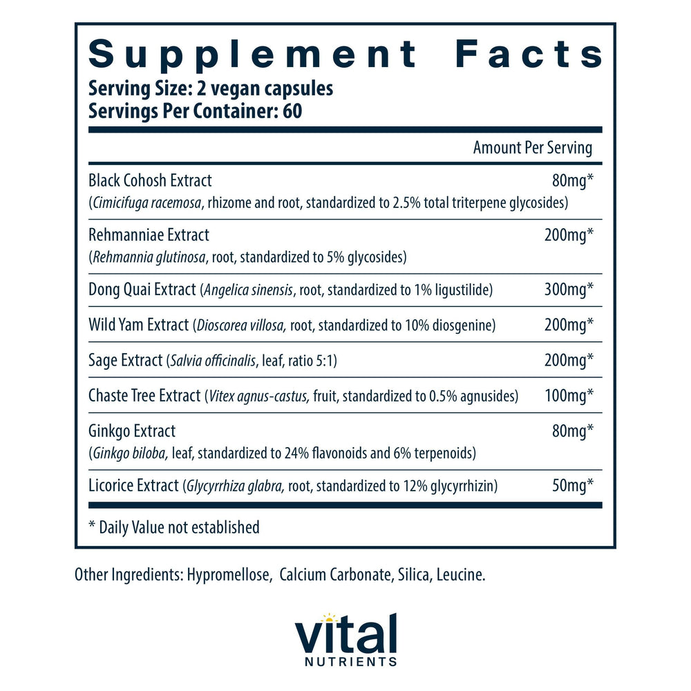 Vital Nutrients Menopause Support capsules close-up, showcasing a vegan herbal blend for daily wellness.