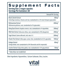 Vital Nutrients Menopause Support capsules close-up, showcasing a vegan herbal blend for daily wellness.