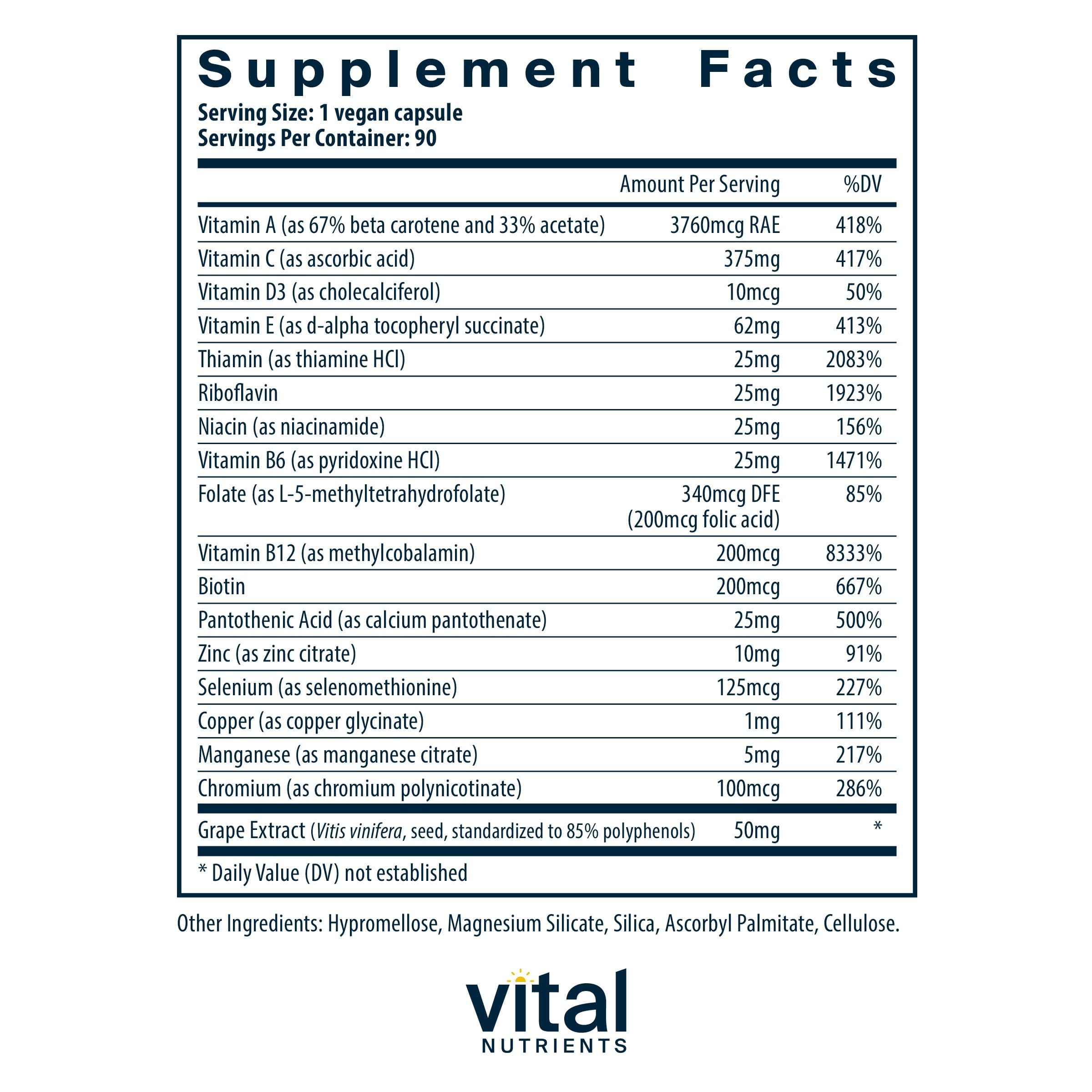 Vital Nutrients Minimal and Essential label highlights allergen-free, iron-free formula