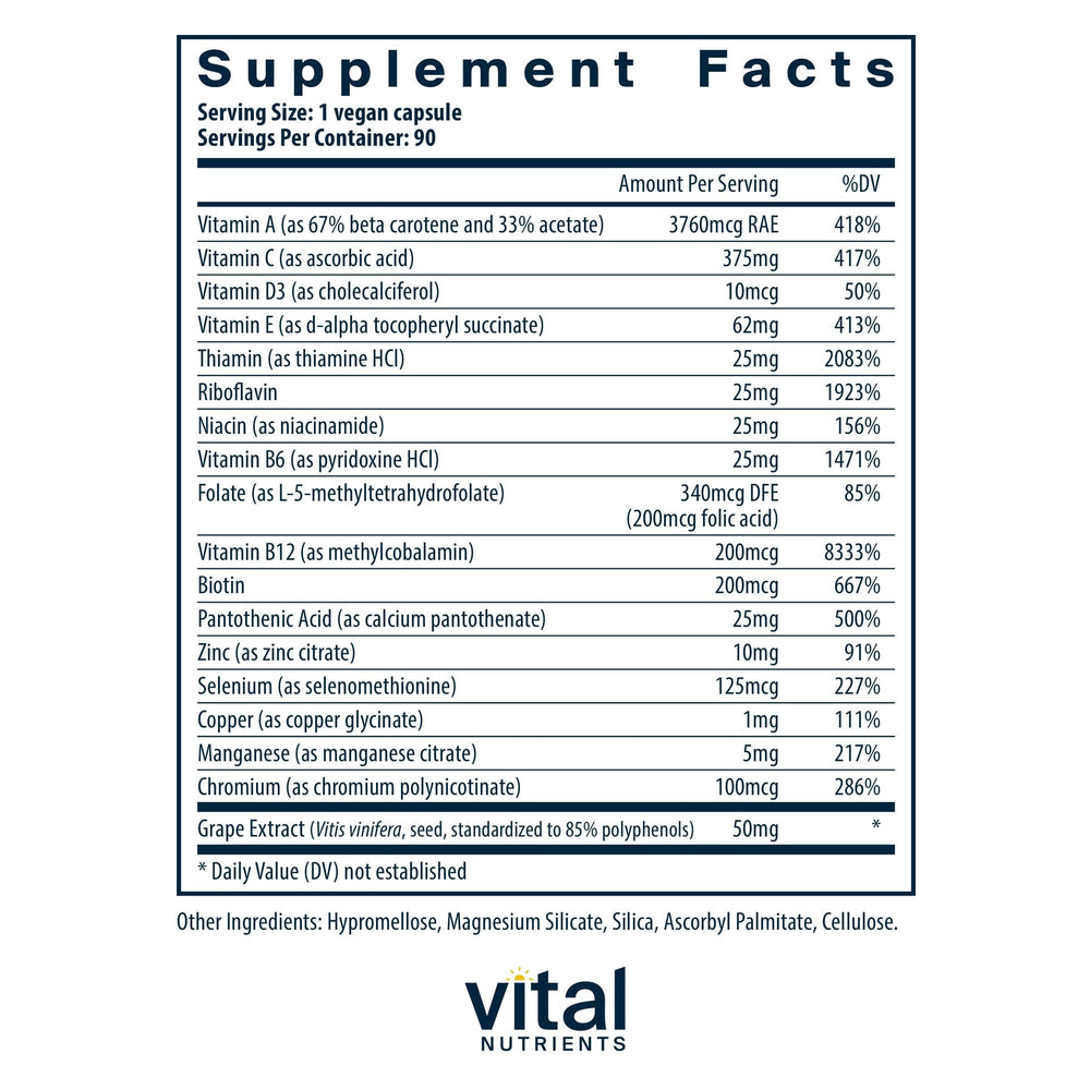 Vital Nutrients Minimal and Essential label highlights allergen-free, iron-free formula