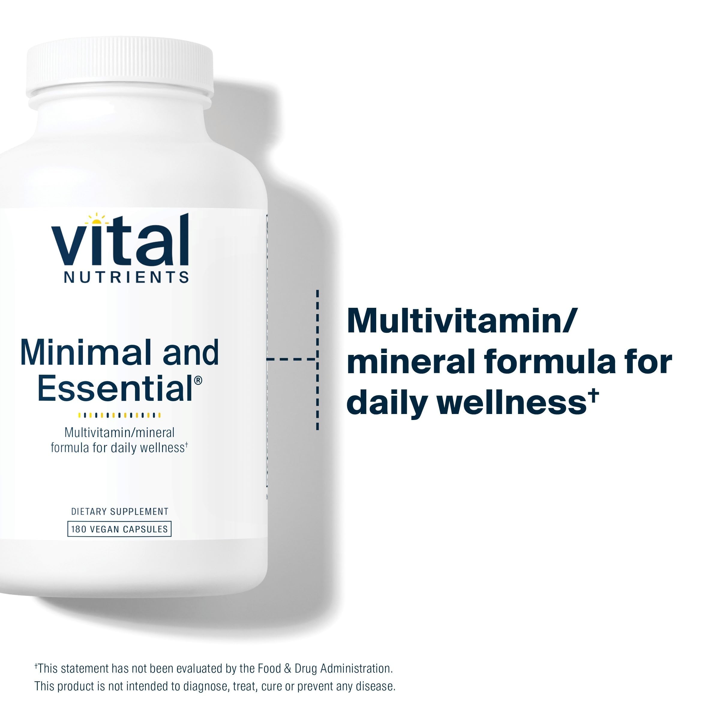 Vital Nutrients Minimal Essential label highlights methylated vitamins and benefits