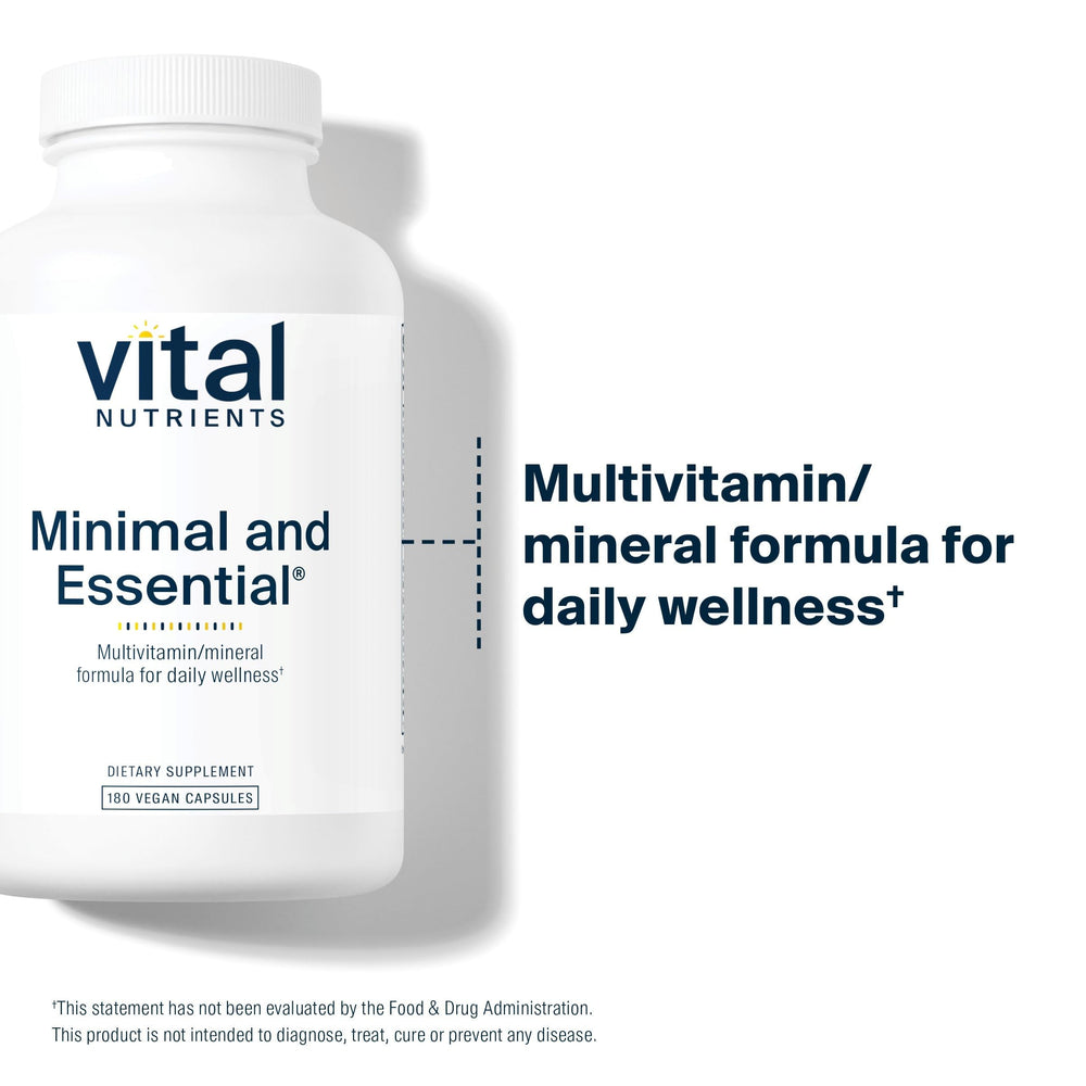 Vital Nutrients Minimal Essential label highlights methylated vitamins and benefits
