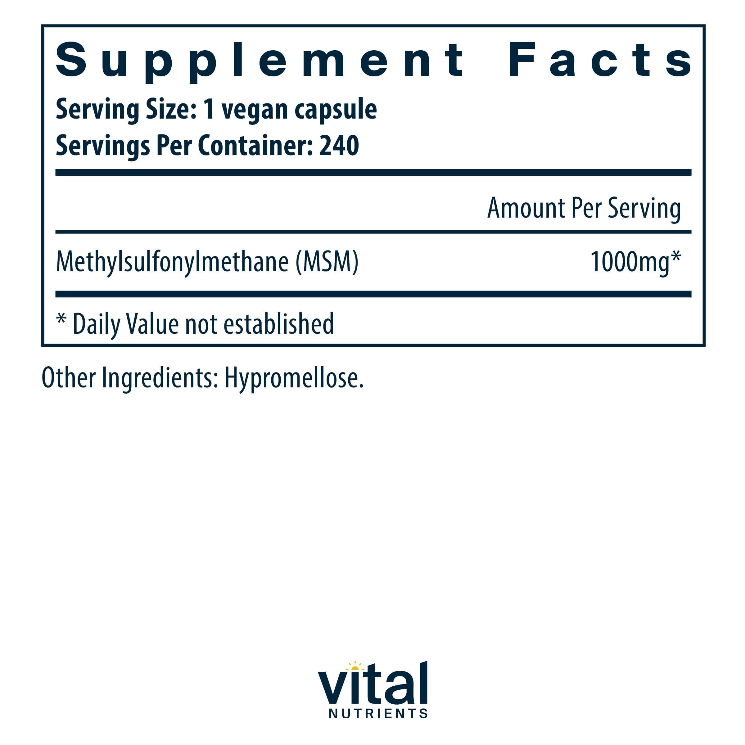 Vital Nutrients MSM 1000 mg bottle back shows clean vegan formula suitable for allergy-conscious routines