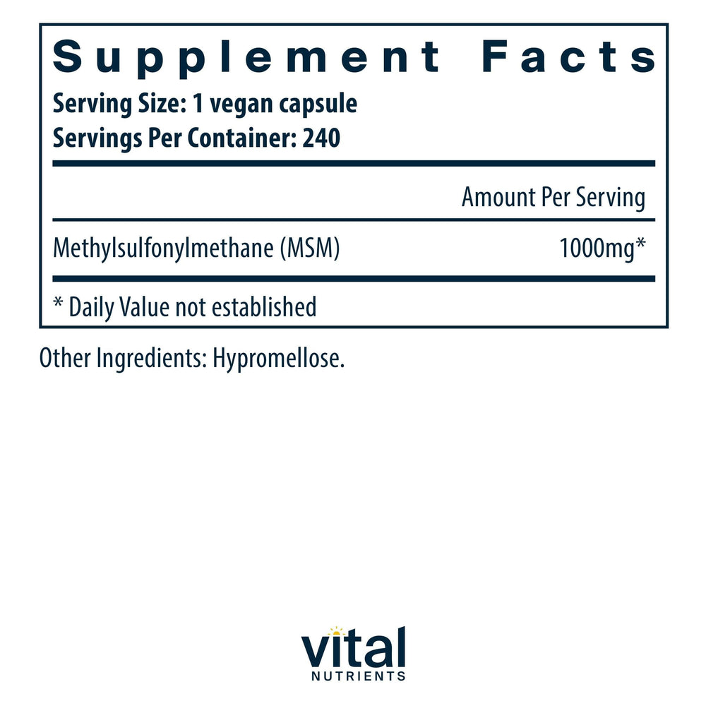 Vital Nutrients MSM 1000 mg bottle back shows clean vegan formula suitable for allergy-conscious routines