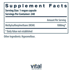 Vital Nutrients MSM 1000 mg bottle back shows clean vegan formula suitable for allergy-conscious routines