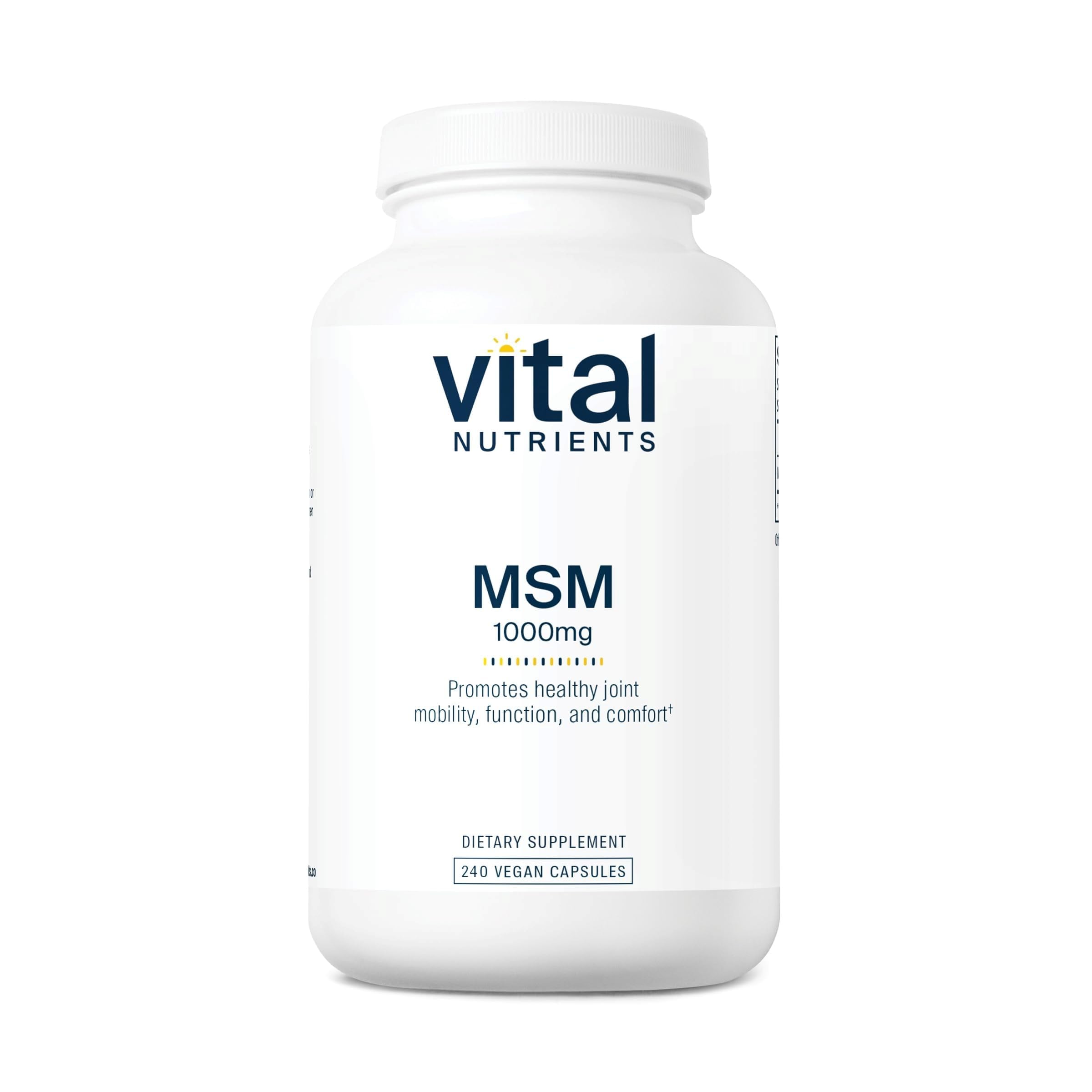 Vital Nutrients MSM 1000 mg bottle front highlights odorless organic sulfur for joint comfort support