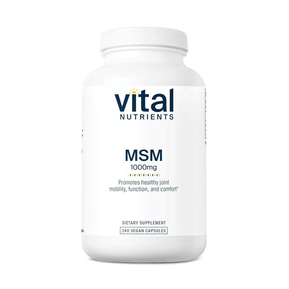Vital Nutrients MSM 1000 mg bottle front highlights odorless organic sulfur for joint comfort support