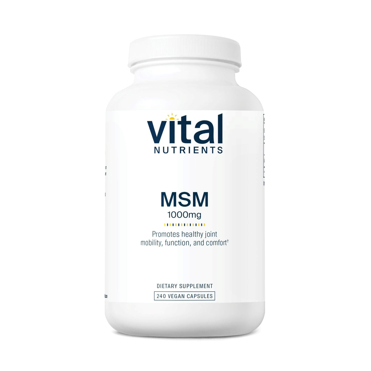Vital Nutrients MSM 1000 mg bottle front highlights odorless organic sulfur for joint comfort support