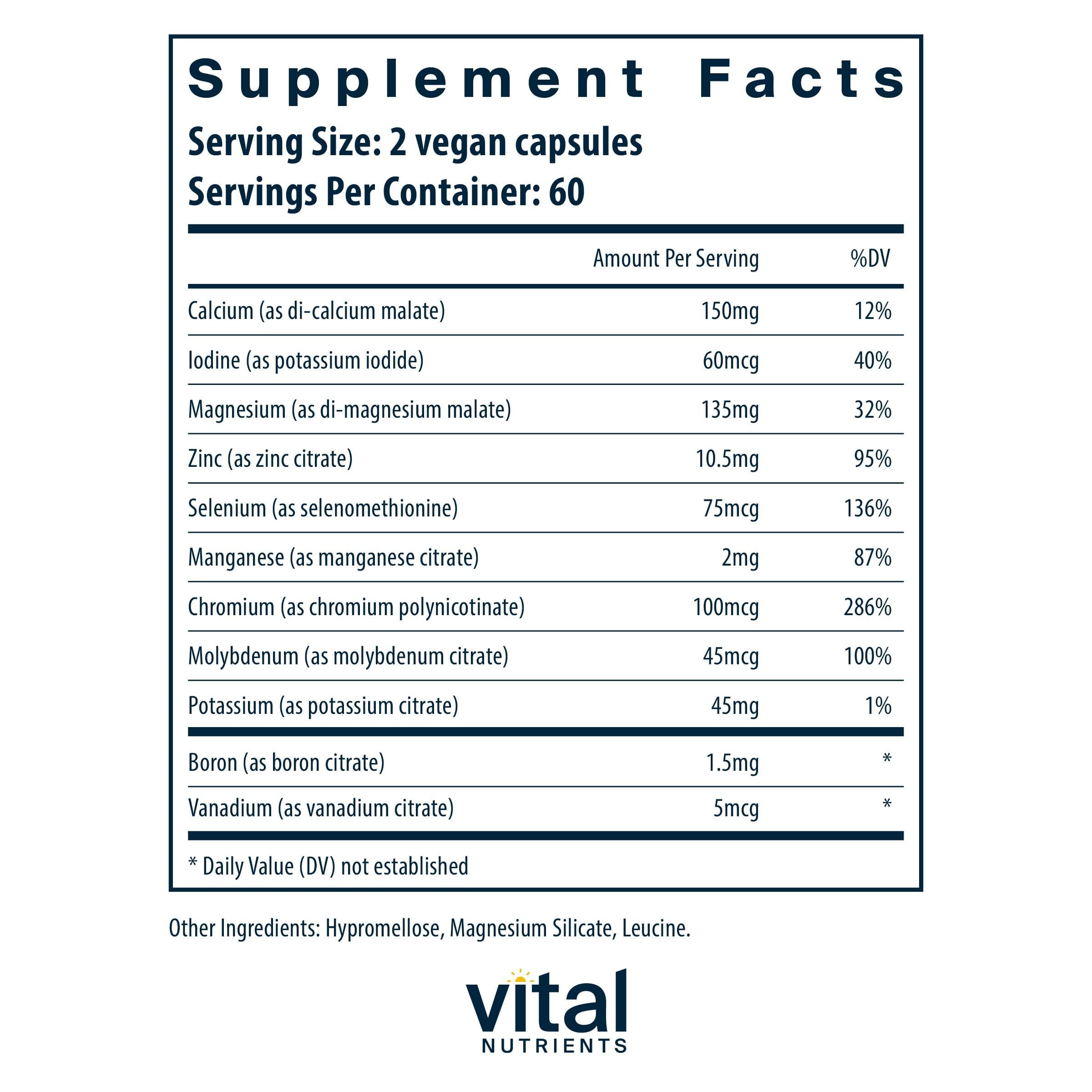 Vital Nutrients Multi-Minerals bottle back with supplement highlights