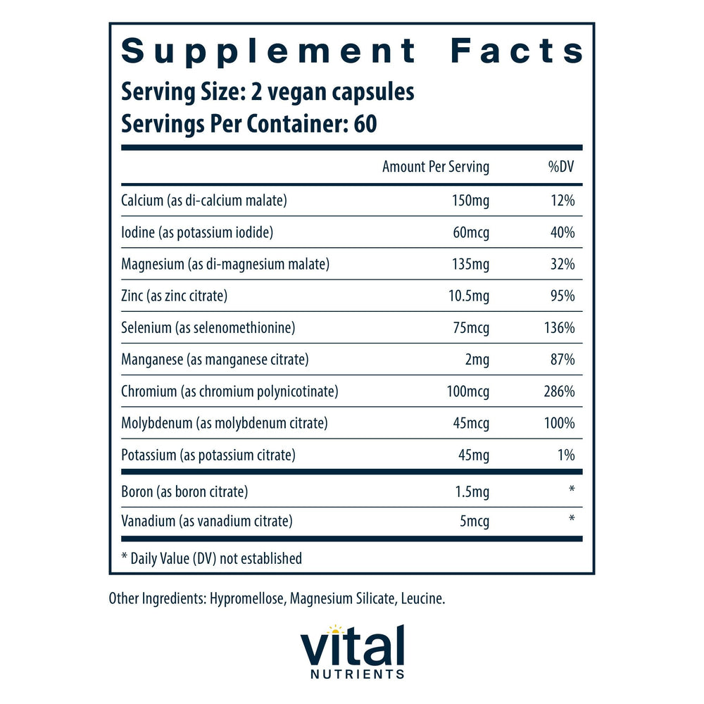 Vital Nutrients Multi-Minerals bottle back with supplement highlights