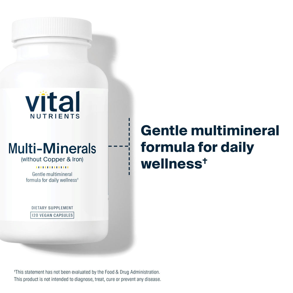 Vital Nutrients Multi-Minerals packaging view emphasizing quality and allergen-free promise