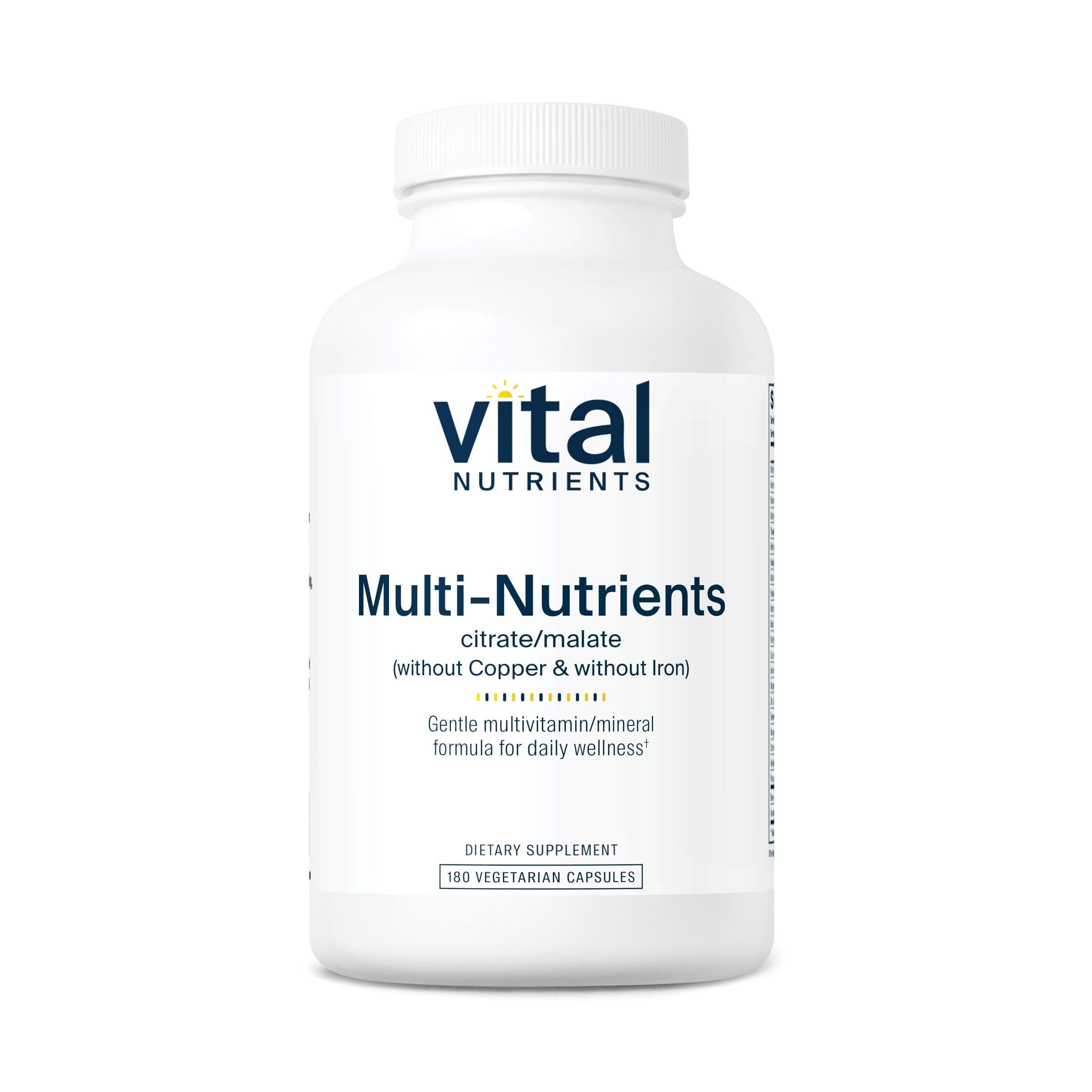 Vital Nutrients Multi-Nutrients 3 bottle pour showing easy daily capsules for wellness