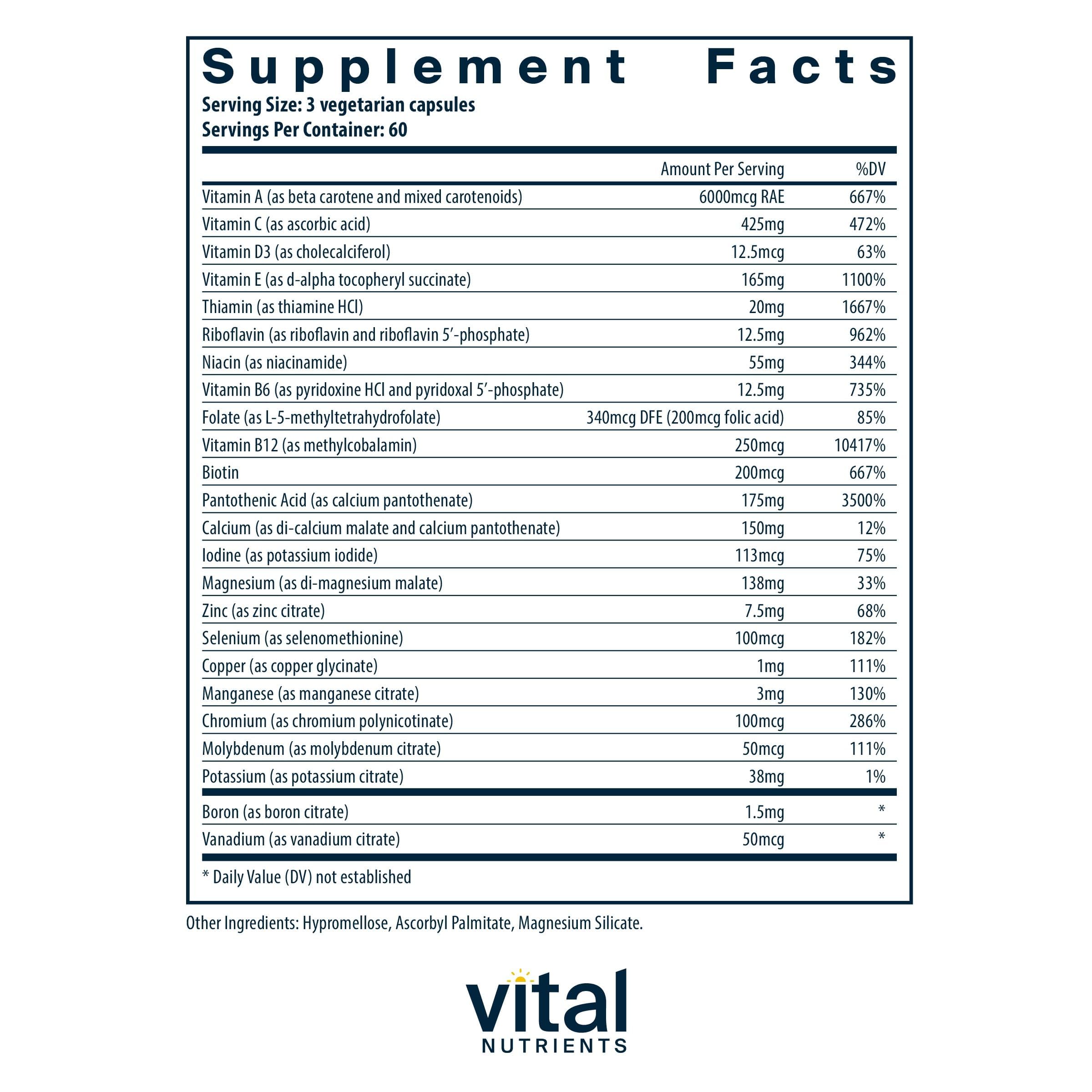 Vital Nutrients Multi-Nutrients 3 capsules close-up with citrate/malate formula