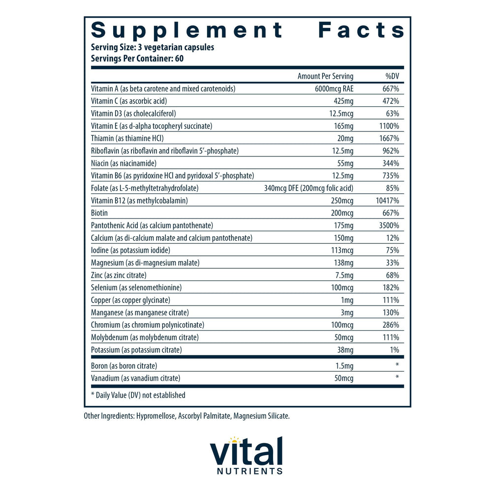 Vital Nutrients Multi-Nutrients 3 capsules close-up with citrate/malate formula