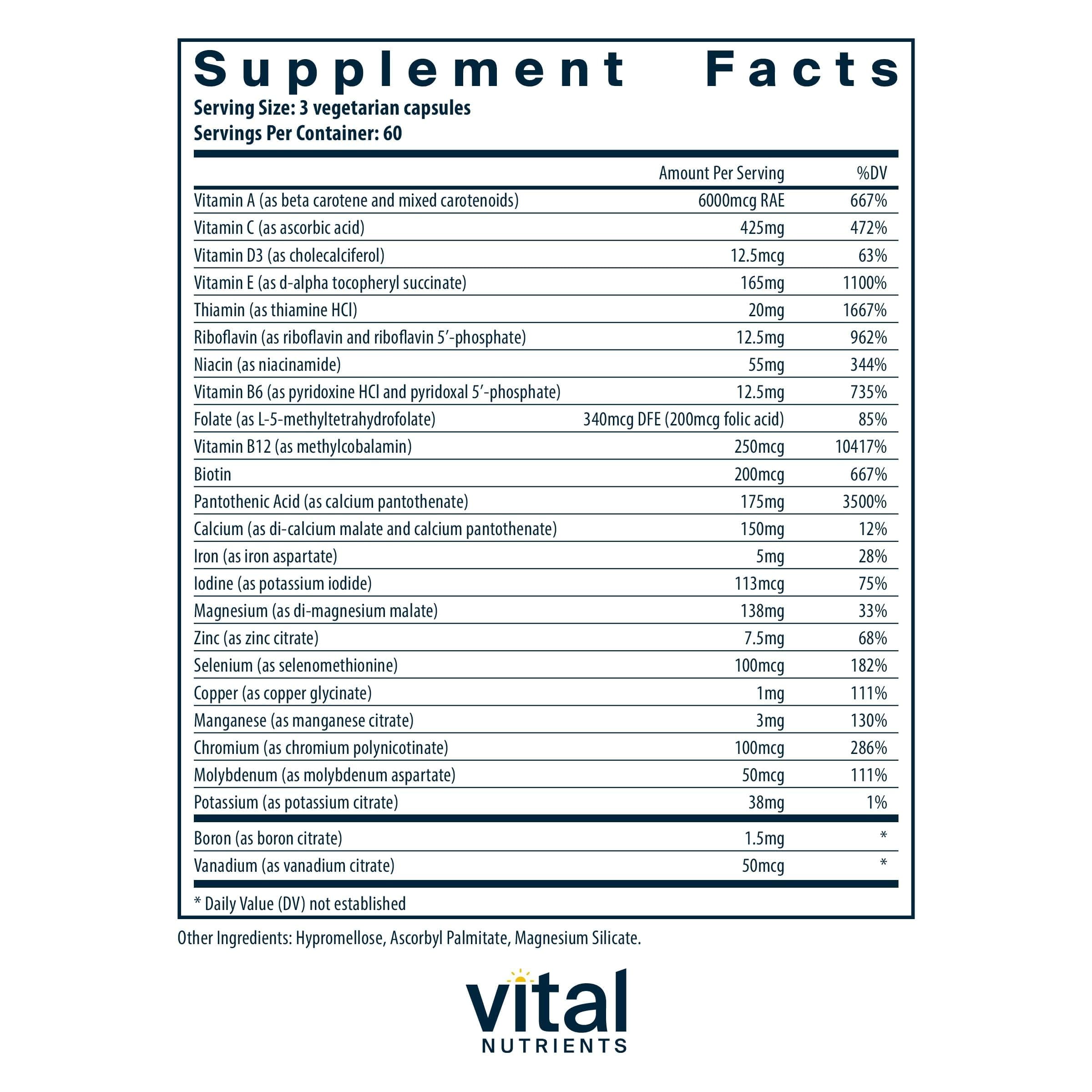 Vital Nutrients Multi-Nutrients 4 label close-up highlighting premium, bioavailable ingredients.