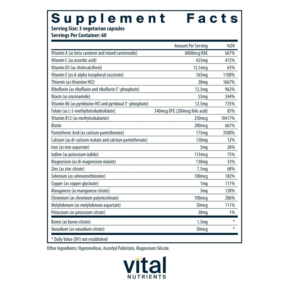 Vital Nutrients Multi-Nutrients 4 label close-up highlighting premium, bioavailable ingredients.
