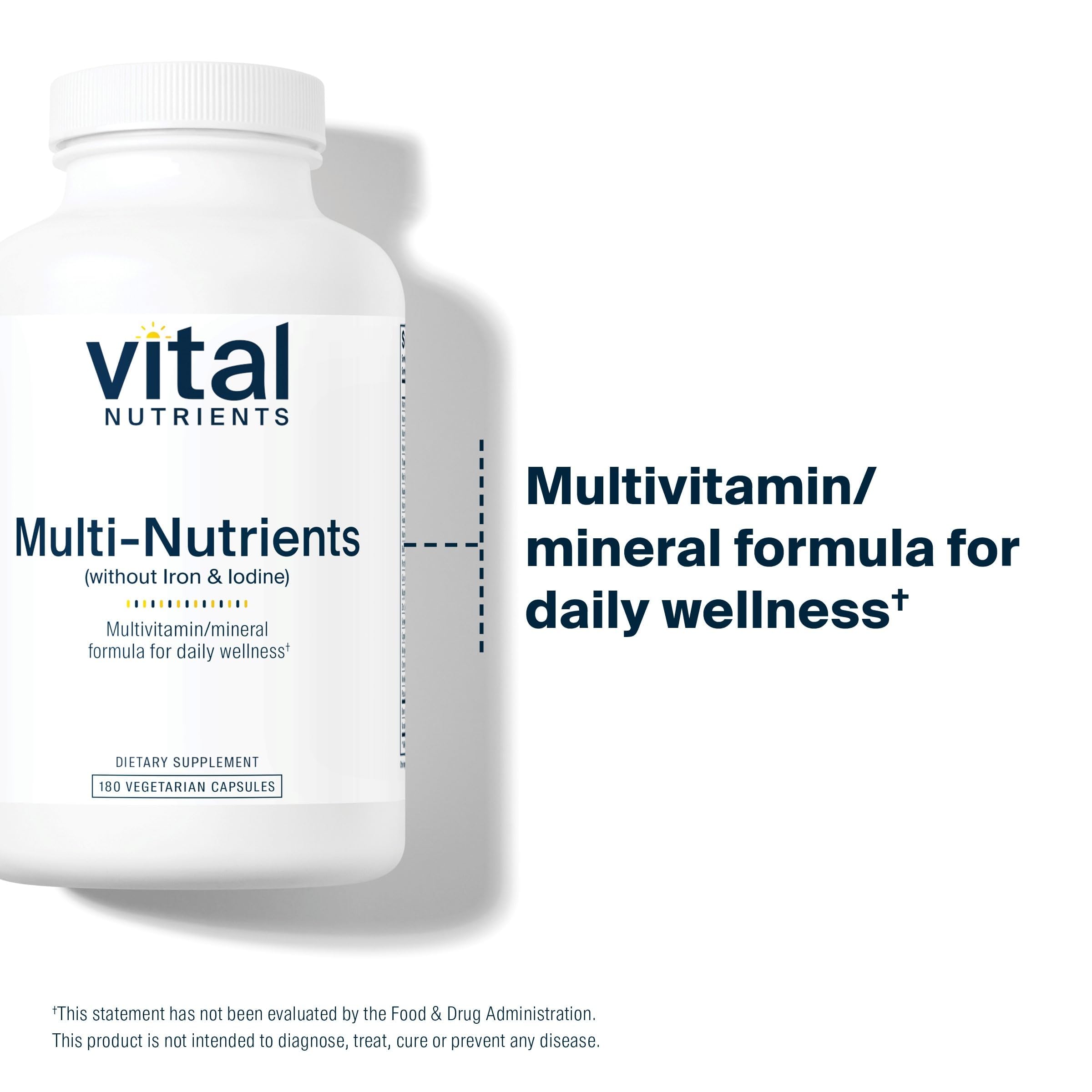 Close-up of Vital Nutrients Multi-Nutrients capsules suggesting high-potency daily support
