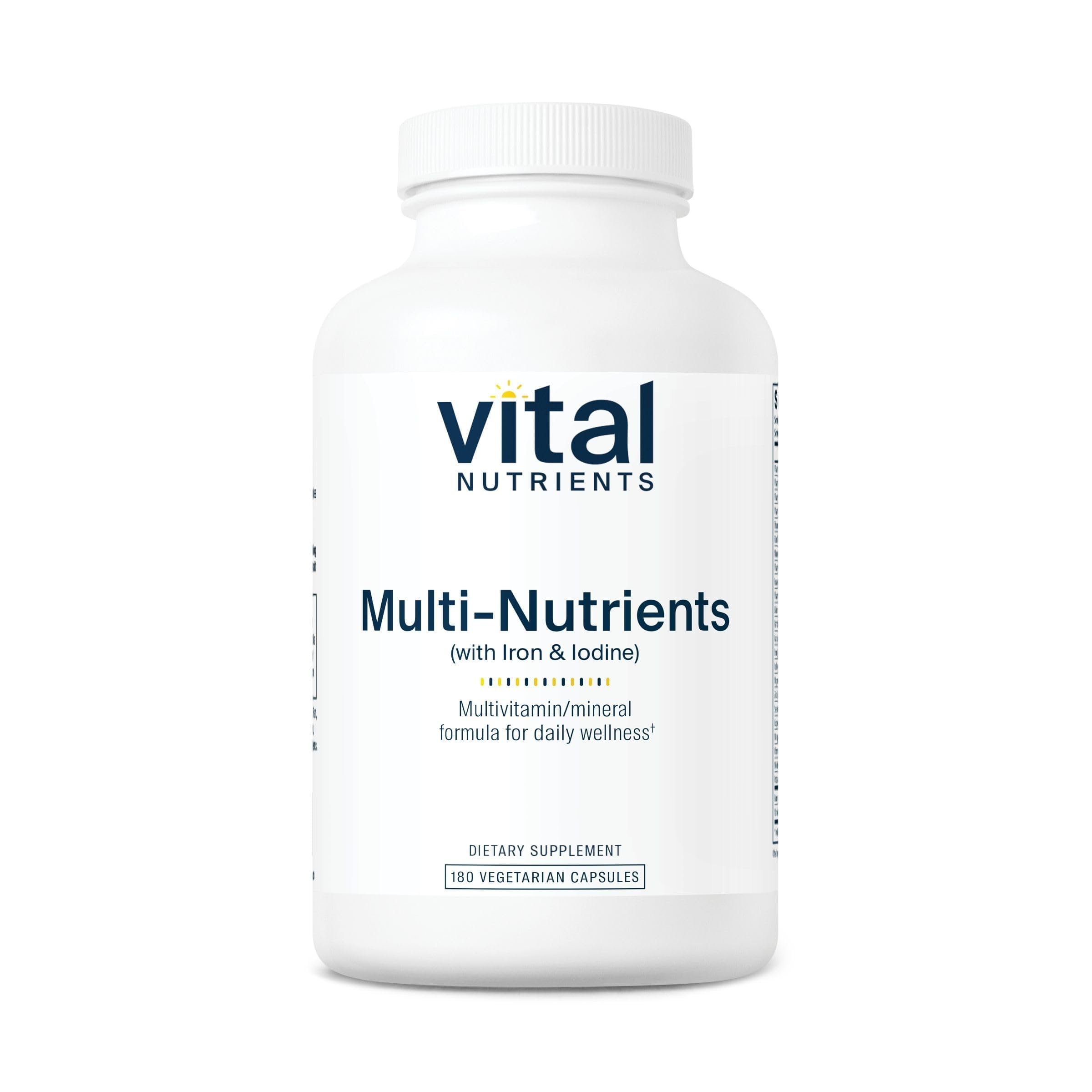 Vital Nutrients Multi-Nutrients bottle with iron and iodine for daily wellness.