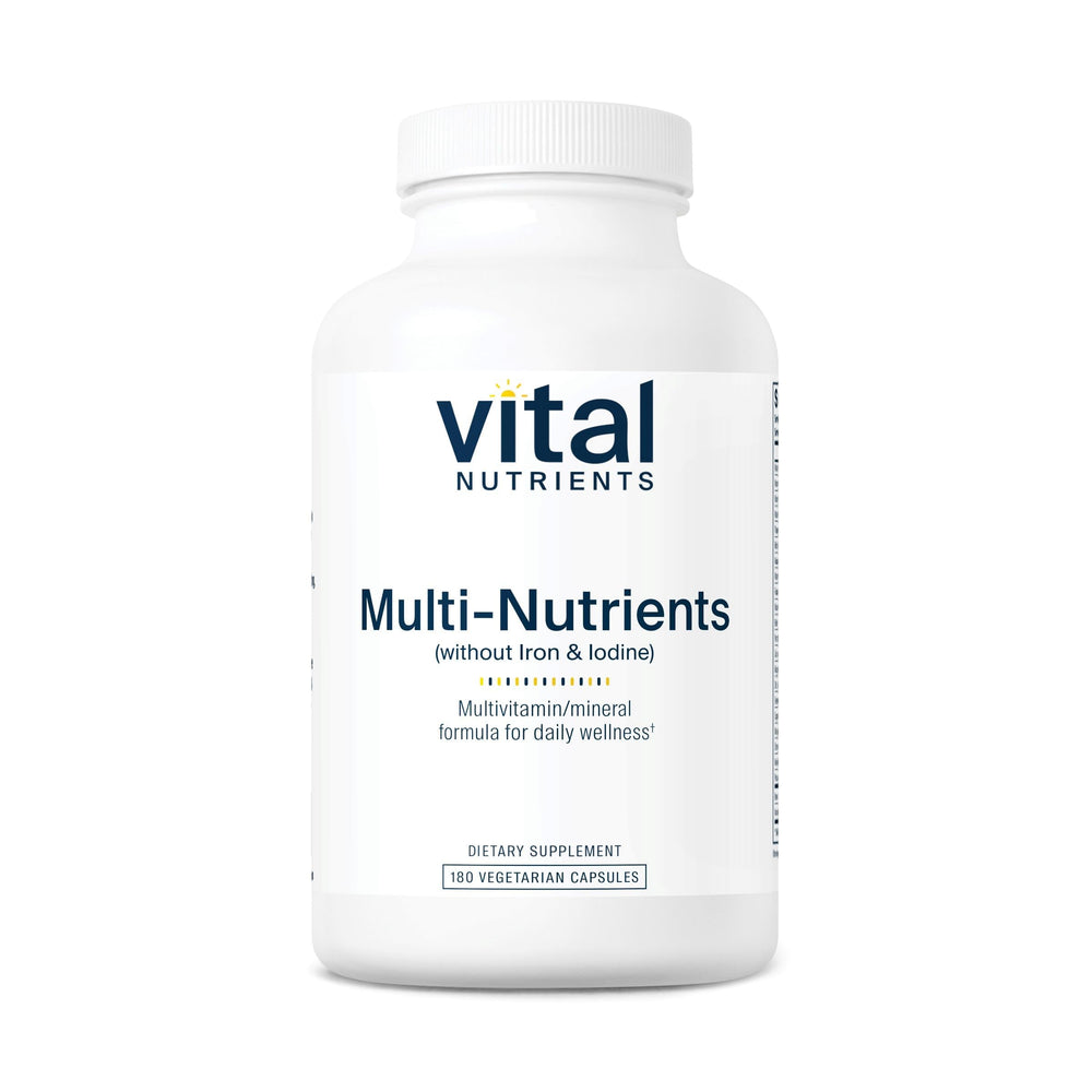 Vital Nutrients Multi-Nutrients bottle shows no iron or iodine for daily wellness