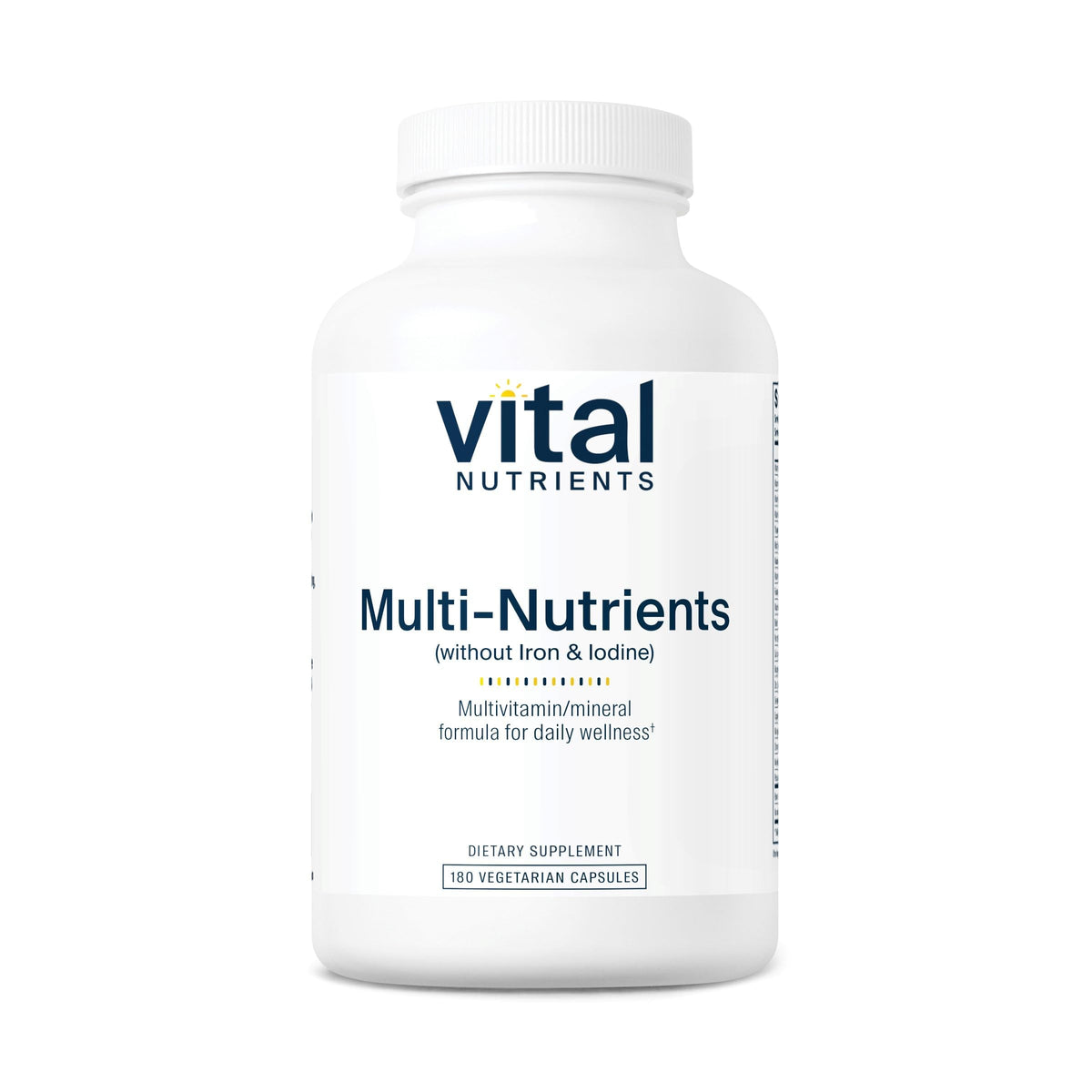 Vital Nutrients Multi-Nutrients bottle shows no iron or iodine for daily wellness