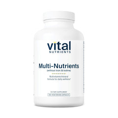 Vital Nutrients Multi-Nutrients bottle shows no iron or iodine for daily wellness