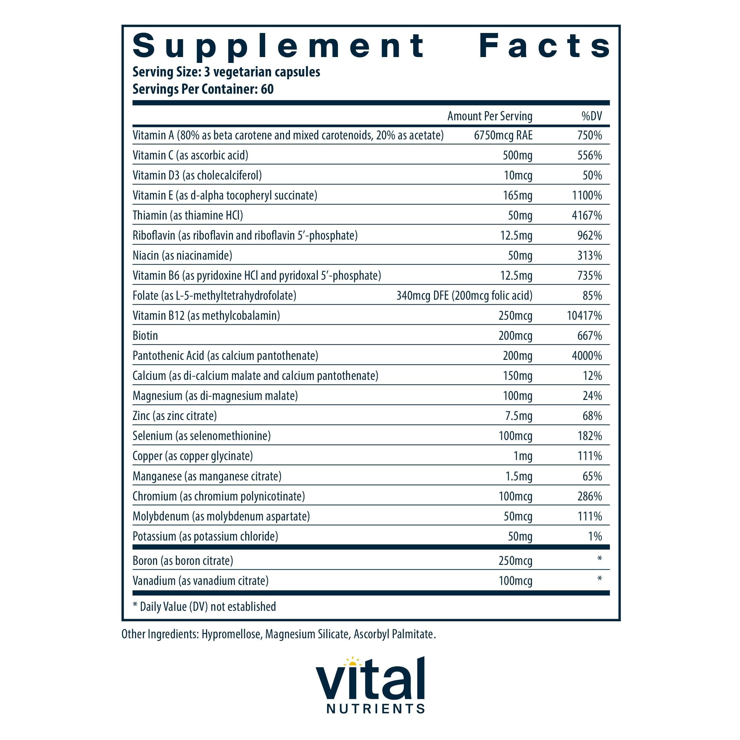 Vital Nutrients Multi-Nutrients nutrition facts label highlights a complete daily formula