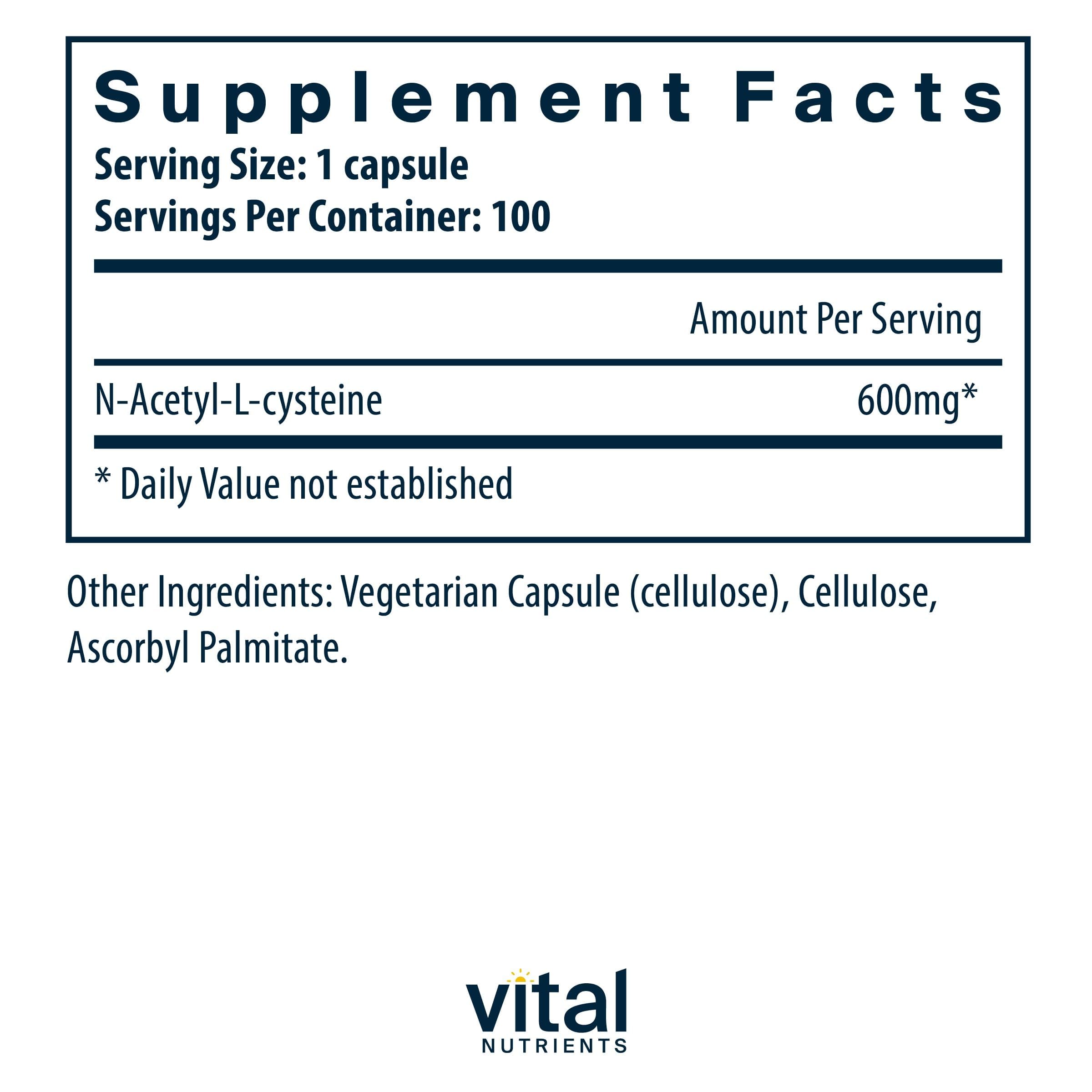 Close-up of Vital Nutrients NAC 600mg capsules for easy swallowing