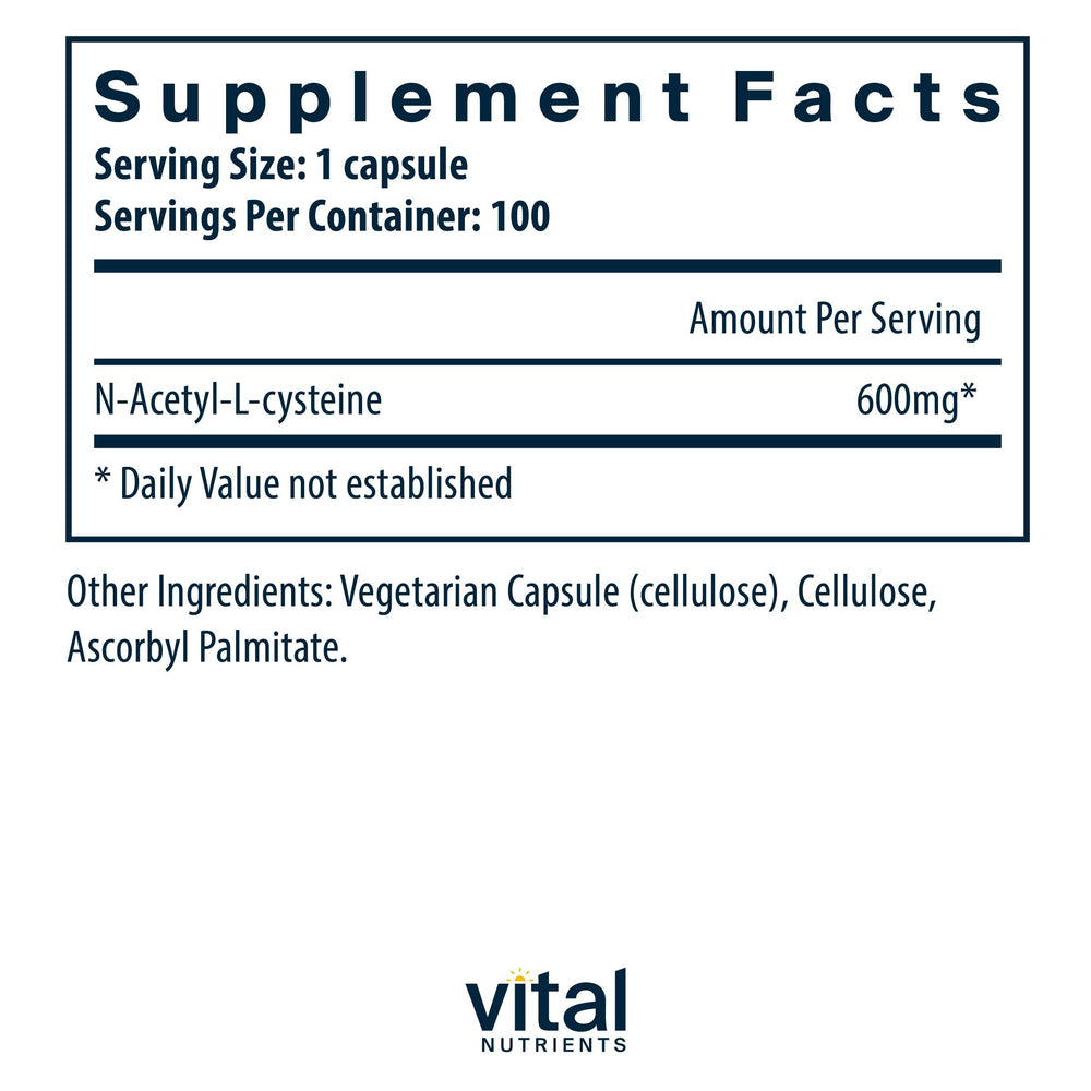Close-up of Vital Nutrients NAC 600mg capsules for easy swallowing