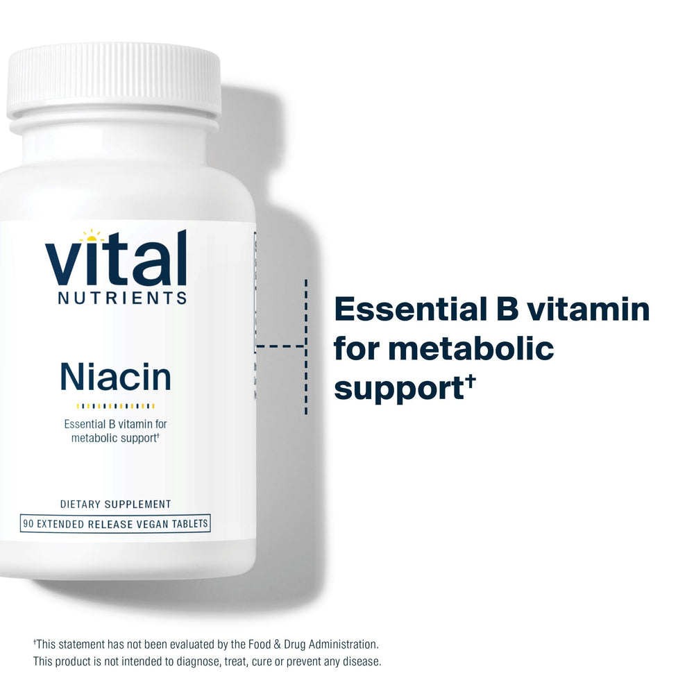 Vital Nutrients Niacin 500mg bottle on desk with clean label and potency