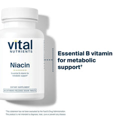 Vital Nutrients Niacin 500mg bottle on desk with clean label and potency