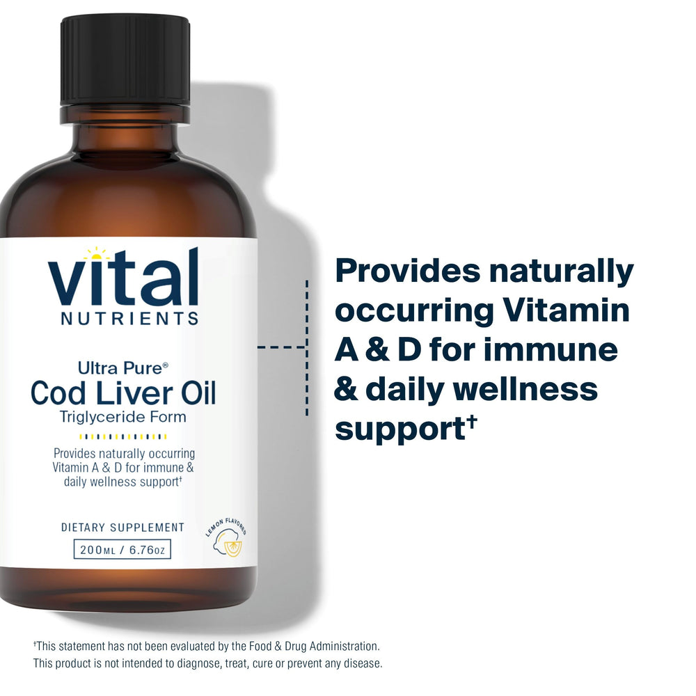 Close-up of Vital Nutrients Norwegian cod liver oil label indicating pharmaceutical grade purity