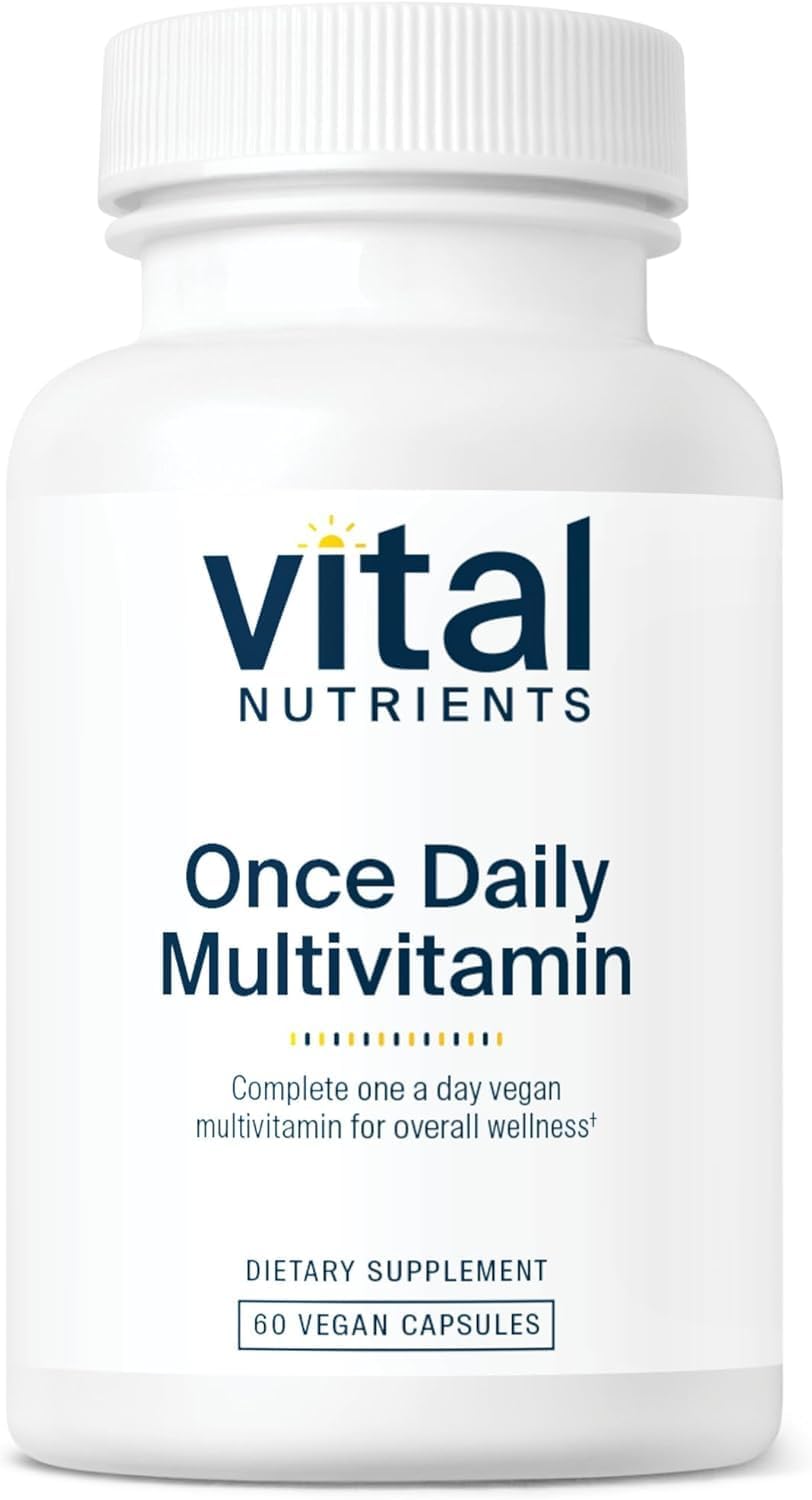 Vital Nutrients Once Daily multivitamin bottle front showing vegan allergen-free daily support