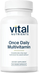 Vital Nutrients Once Daily multivitamin bottle front showing vegan allergen-free daily support