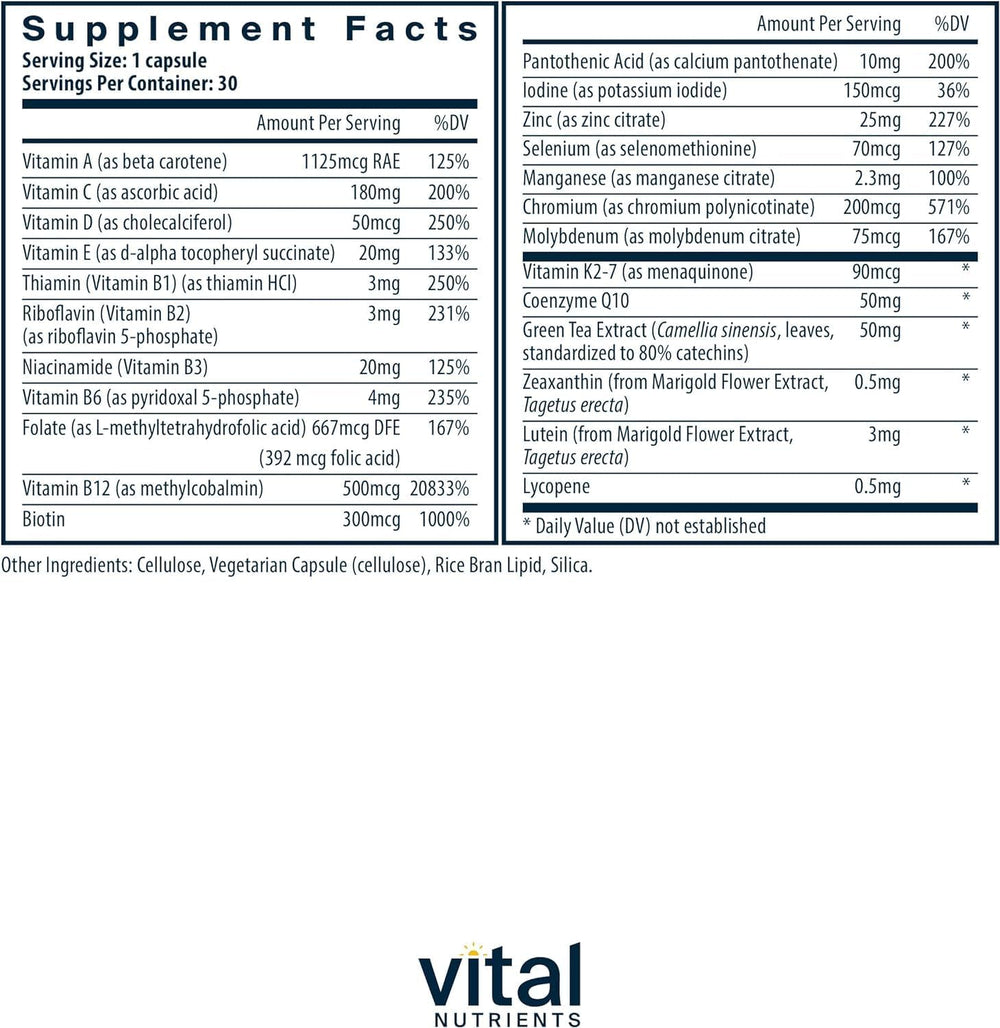 Vital Nutrients capsules close-up highlight vegan allergen-free daily nutrition