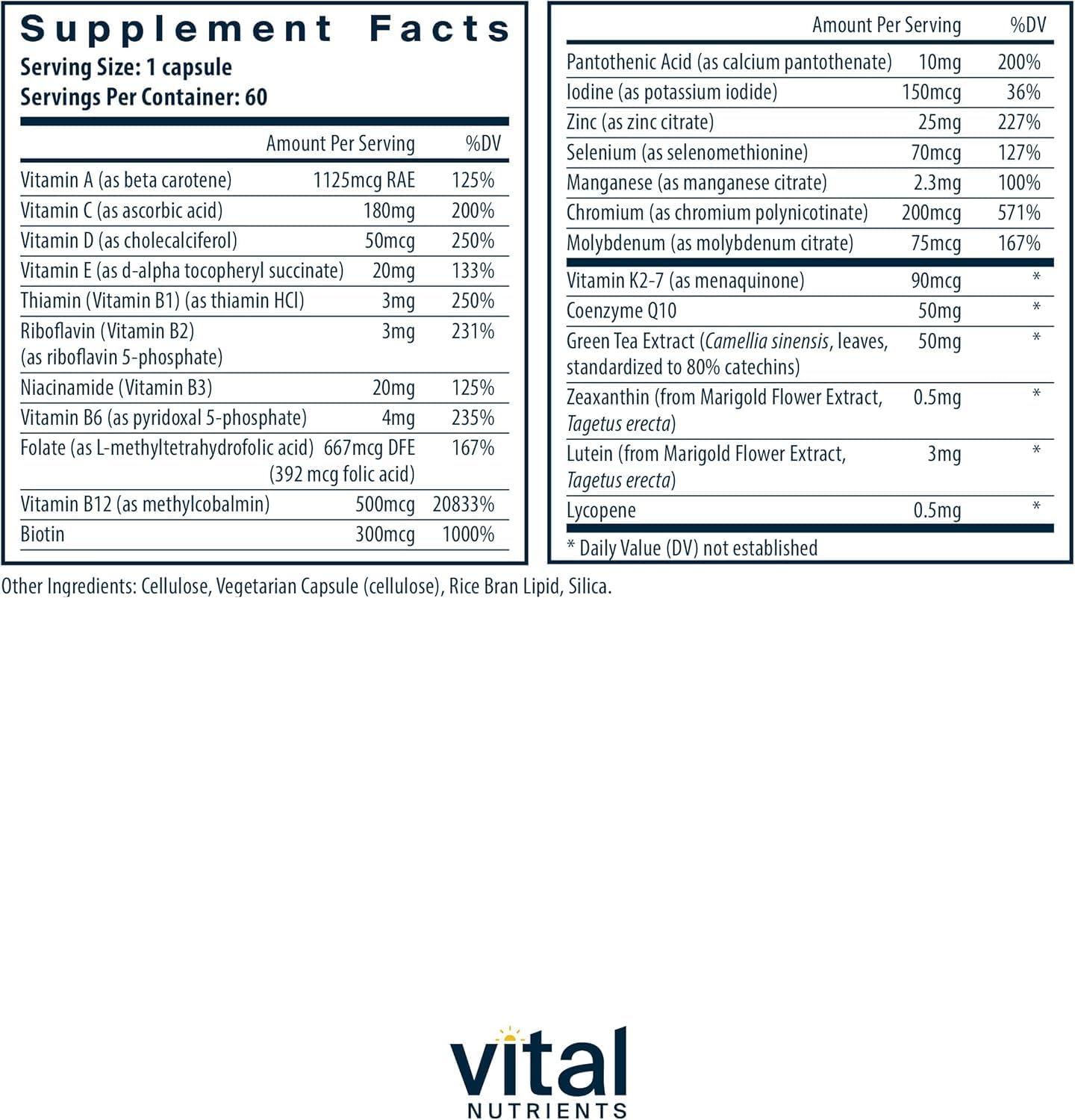 Vital Nutrients Once Daily tablets close-up highlighting methylated B vitamins for absorption
