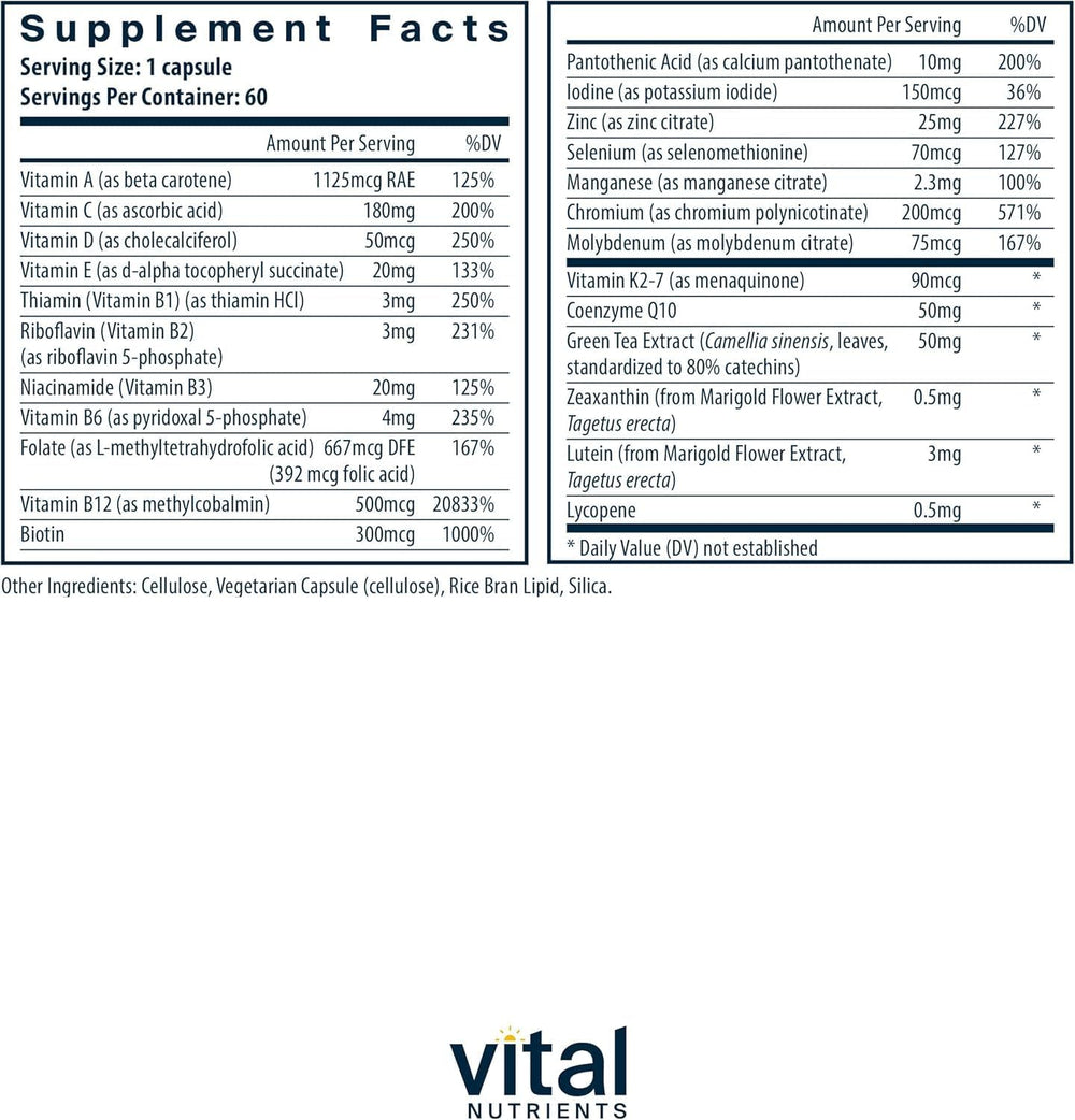 Vital Nutrients Once Daily tablets close-up highlighting methylated B vitamins for absorption