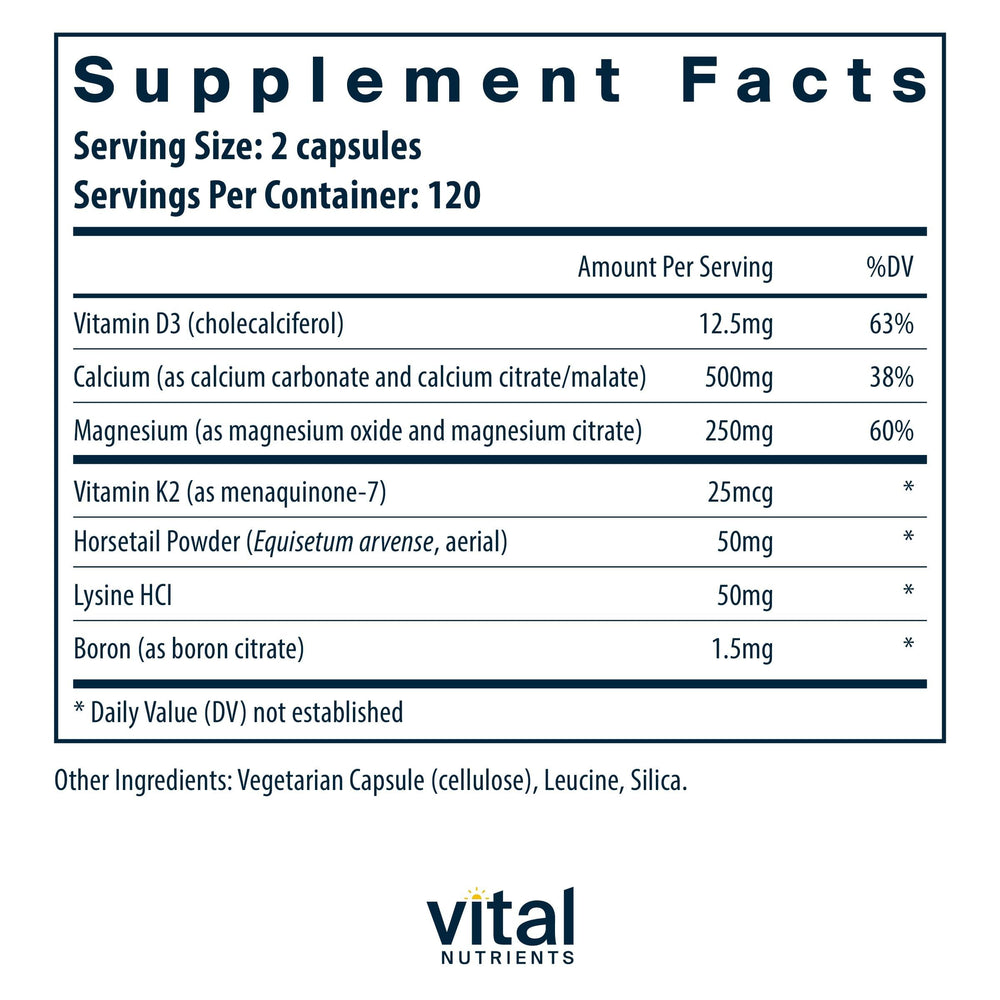 Vital Nutrients Osteo-Nutrients II bottle back with nutrient details for informed choice.