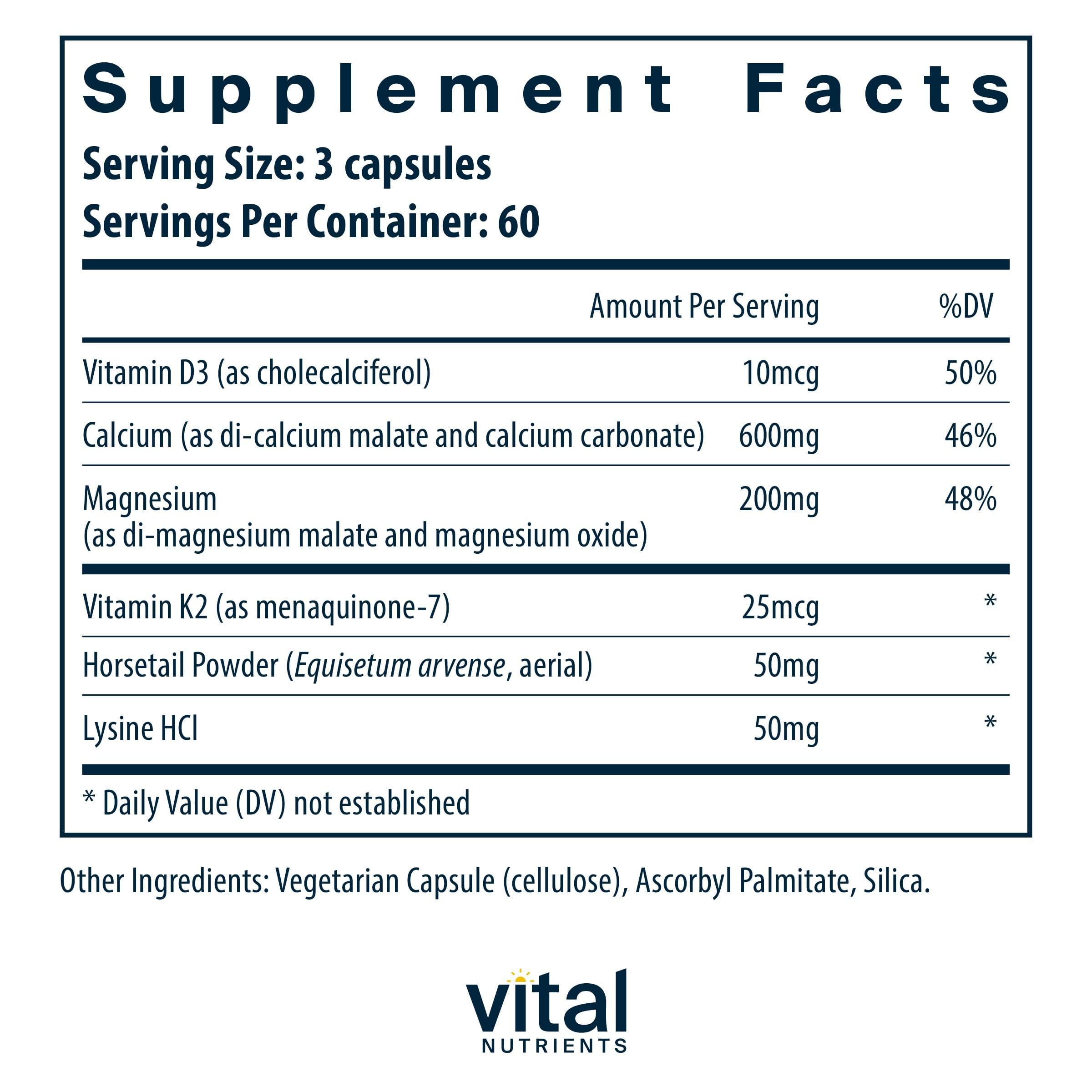 Vital Nutrients Osteo-Nutrients display shows K2-7 and D3 for calcium utilization