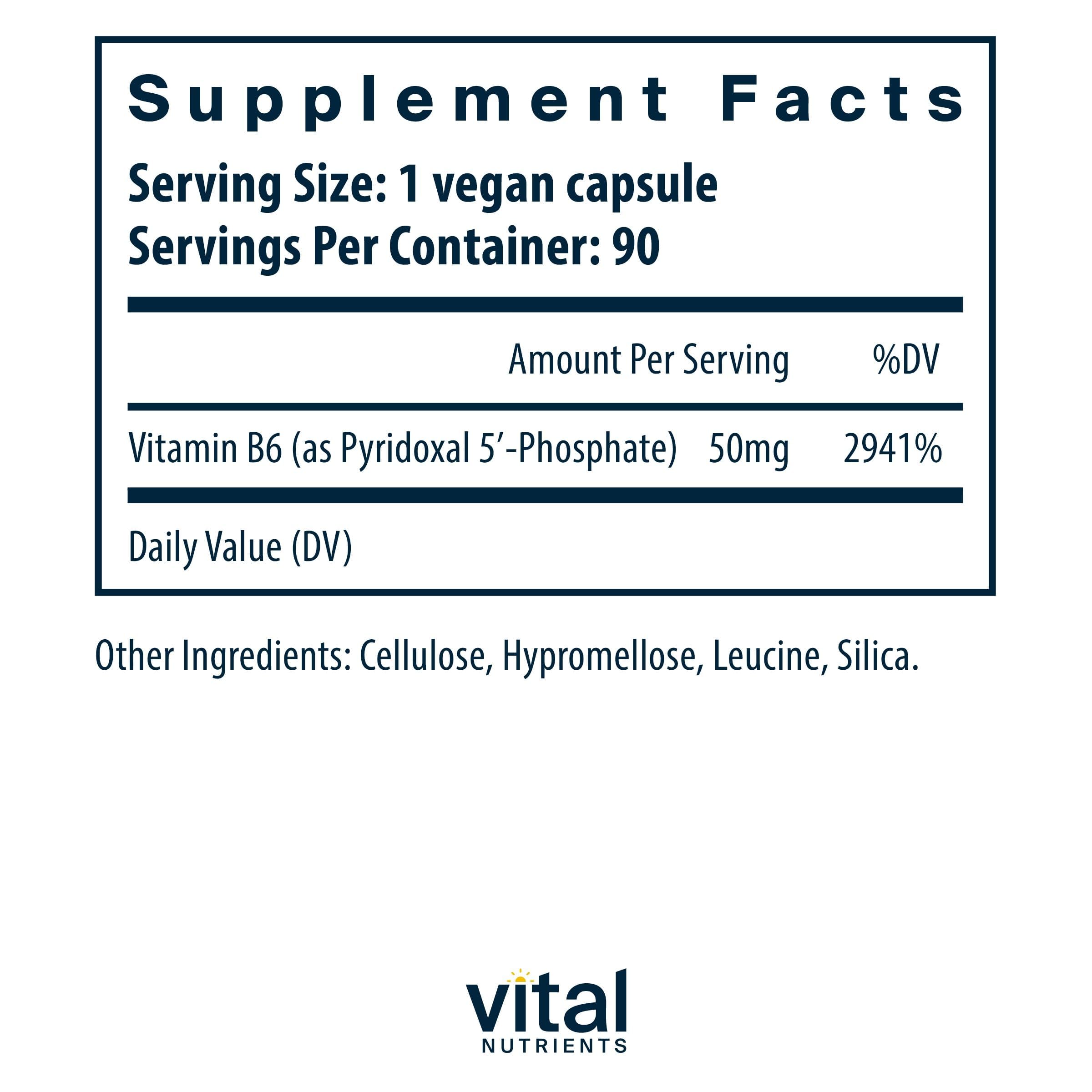 Vital Nutrients P5P capsules close-up showing size and potency.