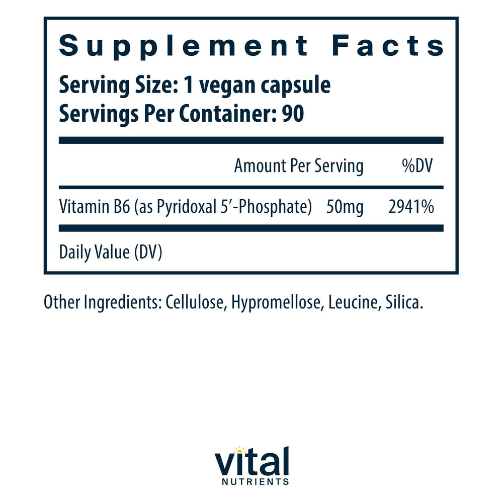 Vital Nutrients P5P capsules close-up showing size and potency.