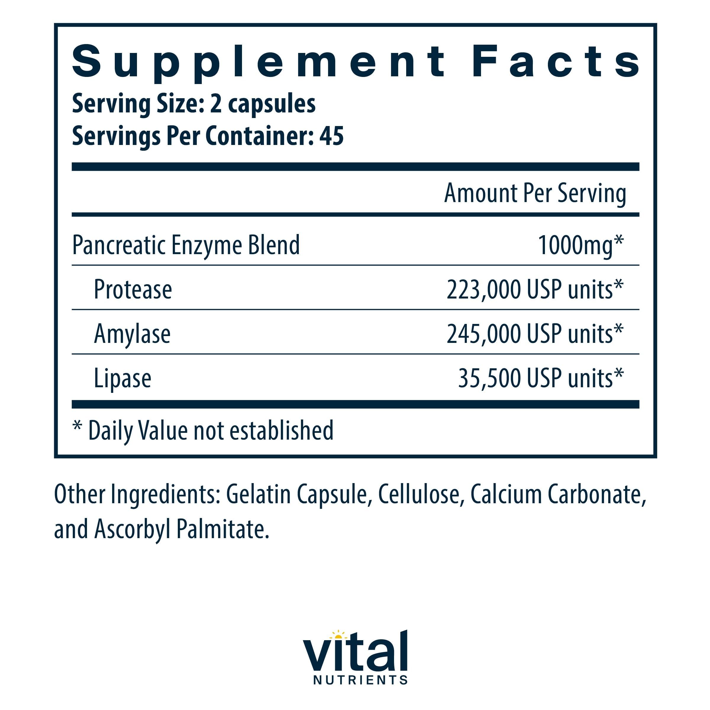 Vital Nutrients Pancreatic Enzymes capsules close-up for nutrient absorption