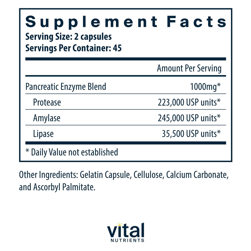 Vital Nutrients Pancreatic Enzymes capsules close-up for nutrient absorption