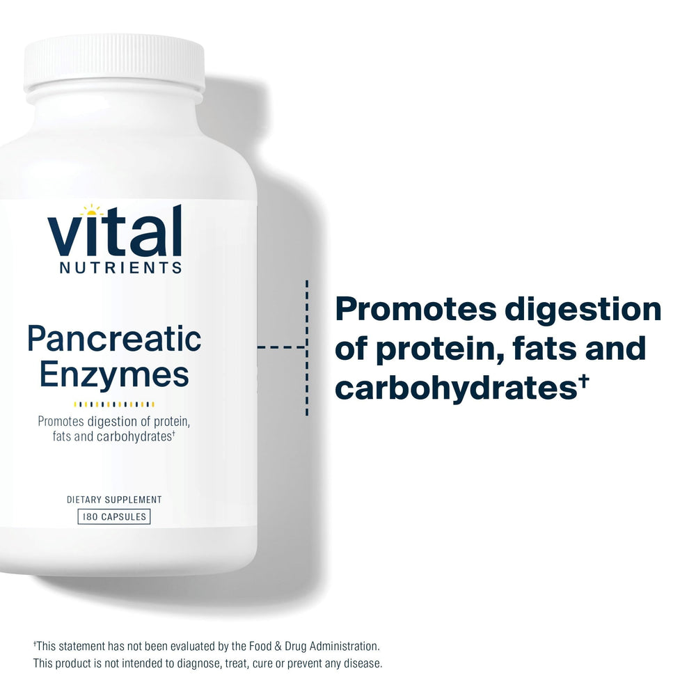 Vital Nutrients Pancreatic Enzymes capsules being poured for easy dosing.