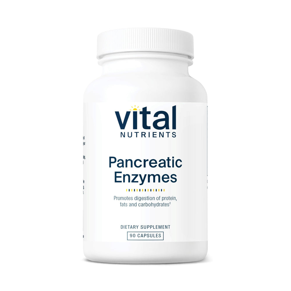 Vital Nutrients Pancreatic Enzymes bottle on table for digestion support