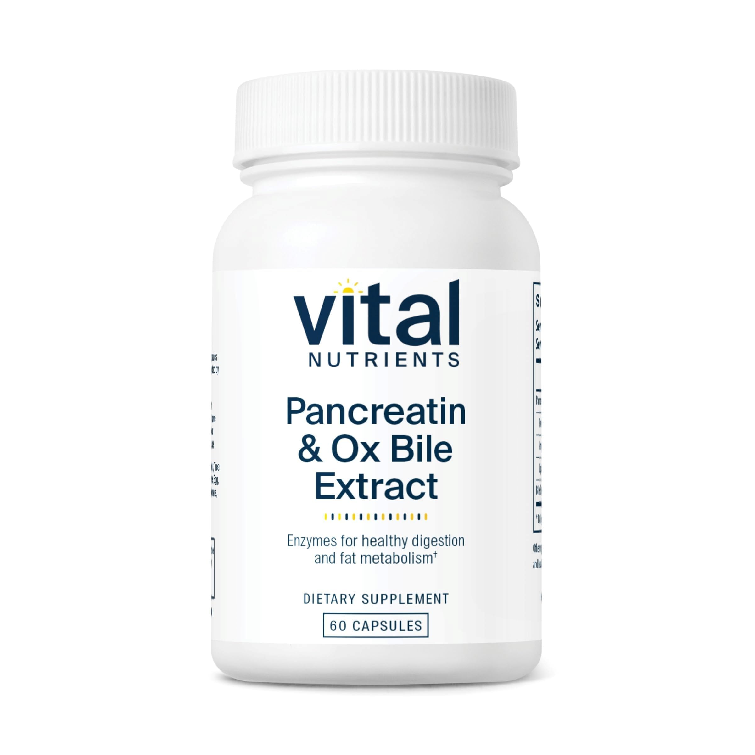 Vital Nutrients Pancreatin Ox Bile bottle being poured for easier digestion