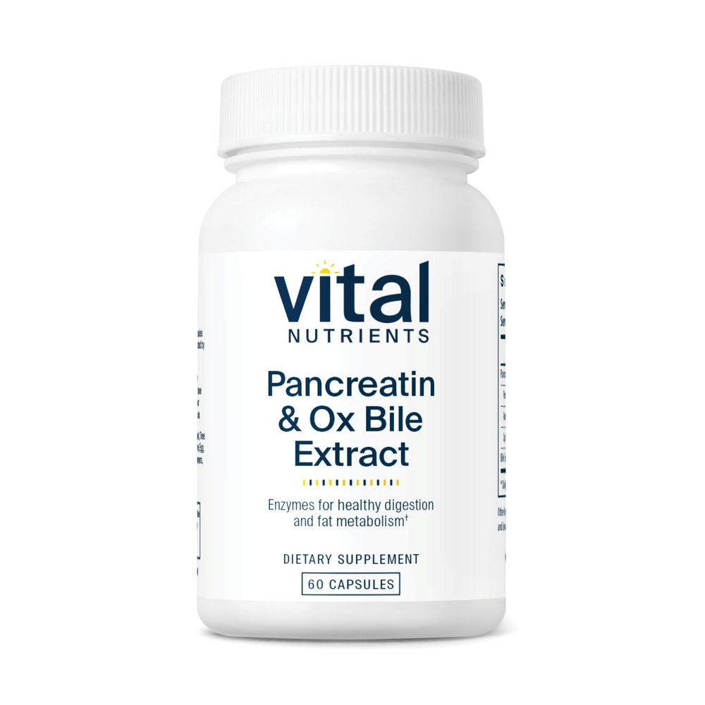 Vital Nutrients Pancreatin Ox Bile bottle being poured for easier digestion