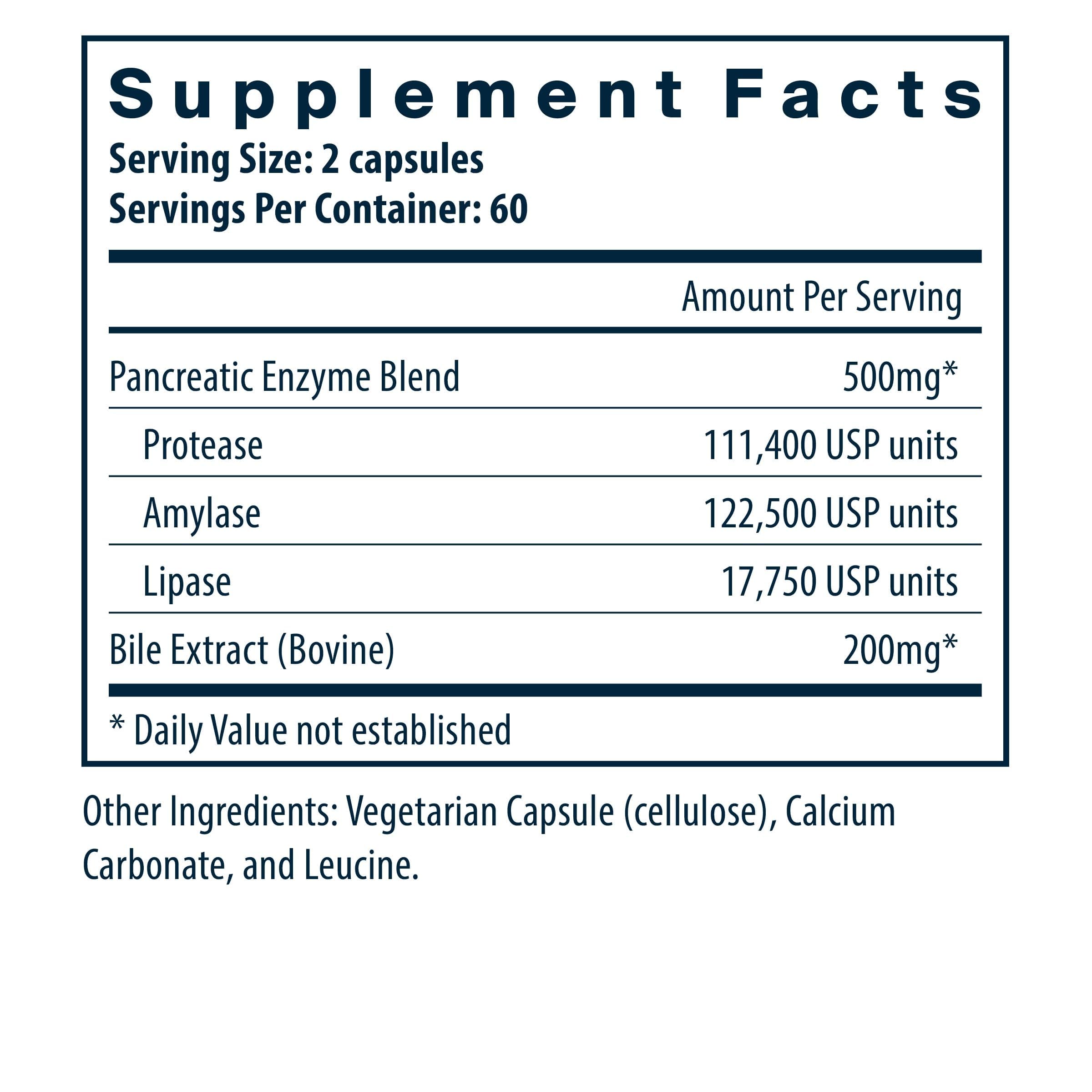 Vital Nutrients pancreatin-ox-bile-500mg capsules close-up highlighting full enzyme blend.