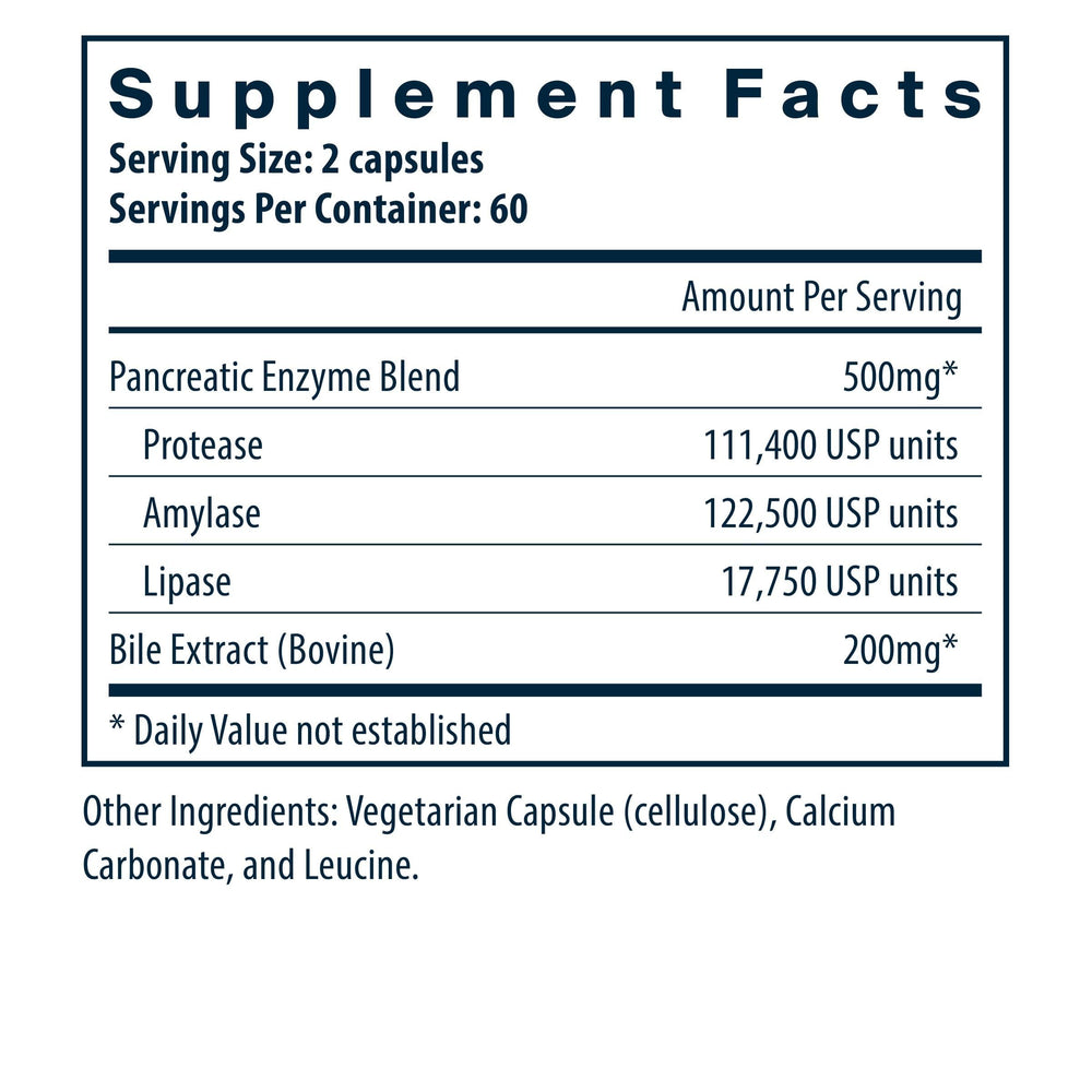 Vital Nutrients pancreatin-ox-bile-500mg capsules close-up highlighting full enzyme blend.