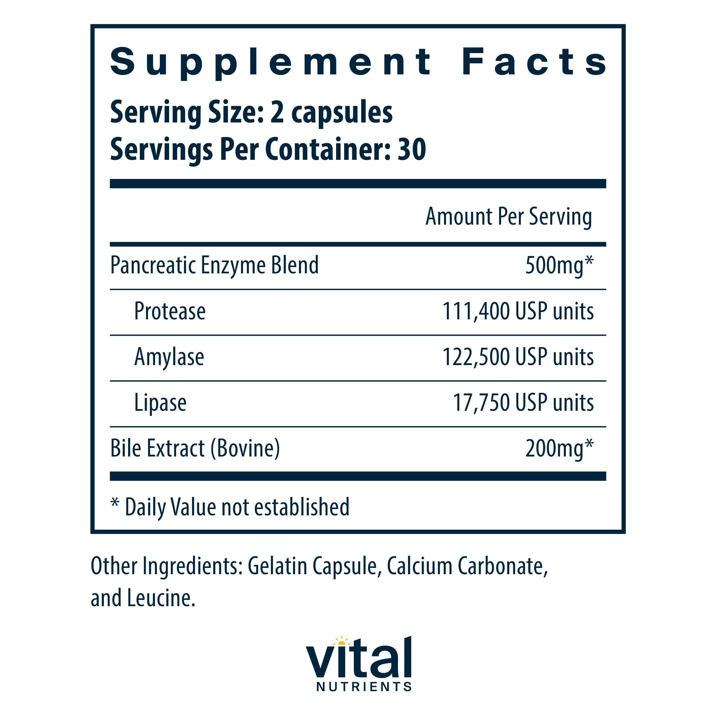 Vital Nutrients capsules close up showing full strength enzymes for digestion