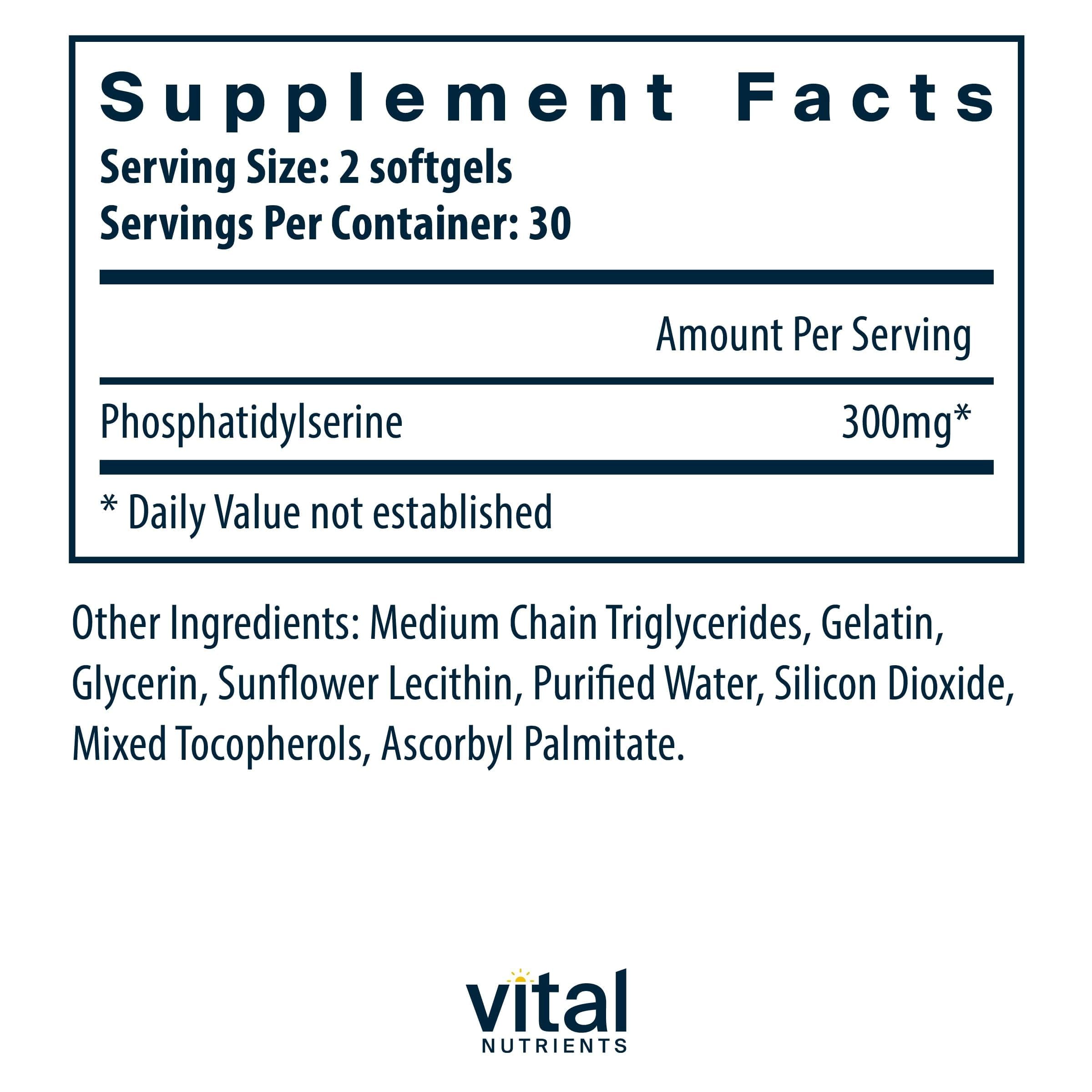 Vital Nutrients Phosphatidylserine label close-up highlighting allergen-free formula